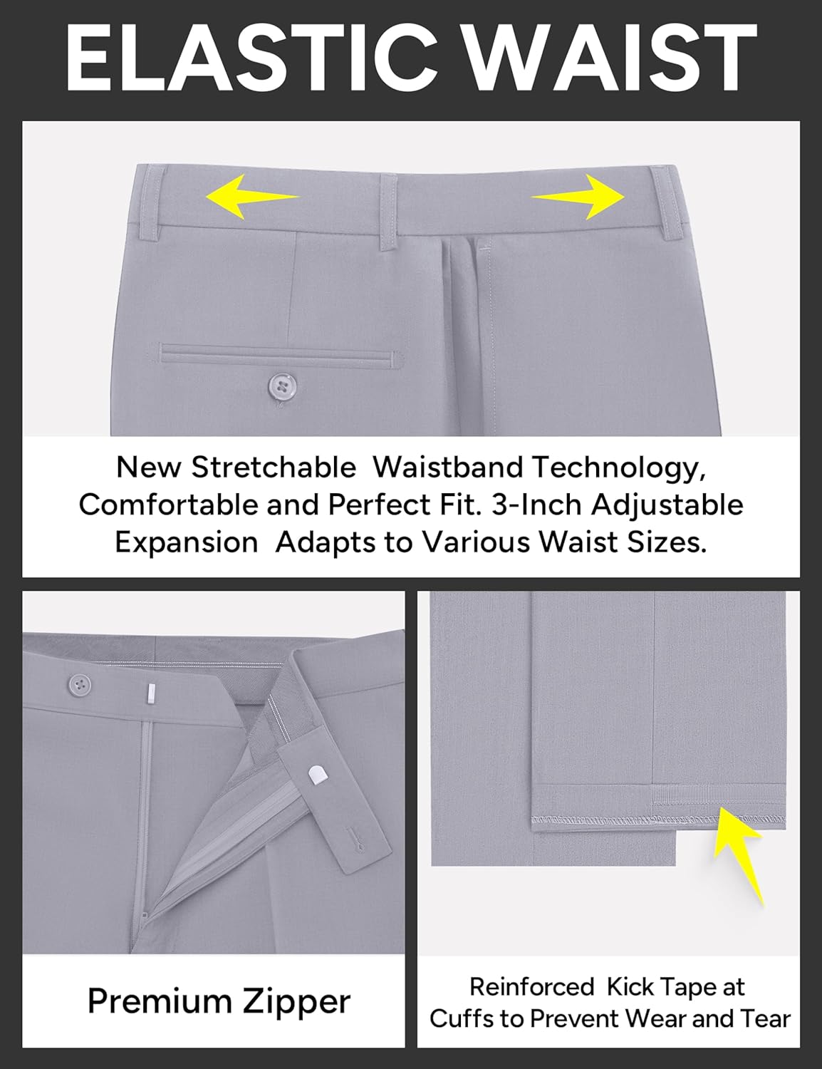 Mens Stretch Suit Slim Fit 3-Piece, 2 Buttons Jacket Vest Adjustable Waist Pants - Image 5