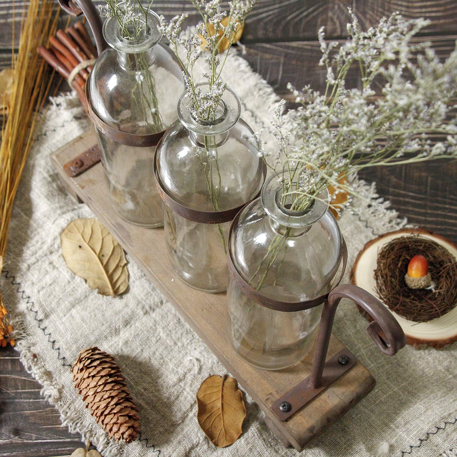 Rustic Flower Vase Set with Rack Stand Farmhouse Glass Bottles for Decor Table centerpieces - Image 3