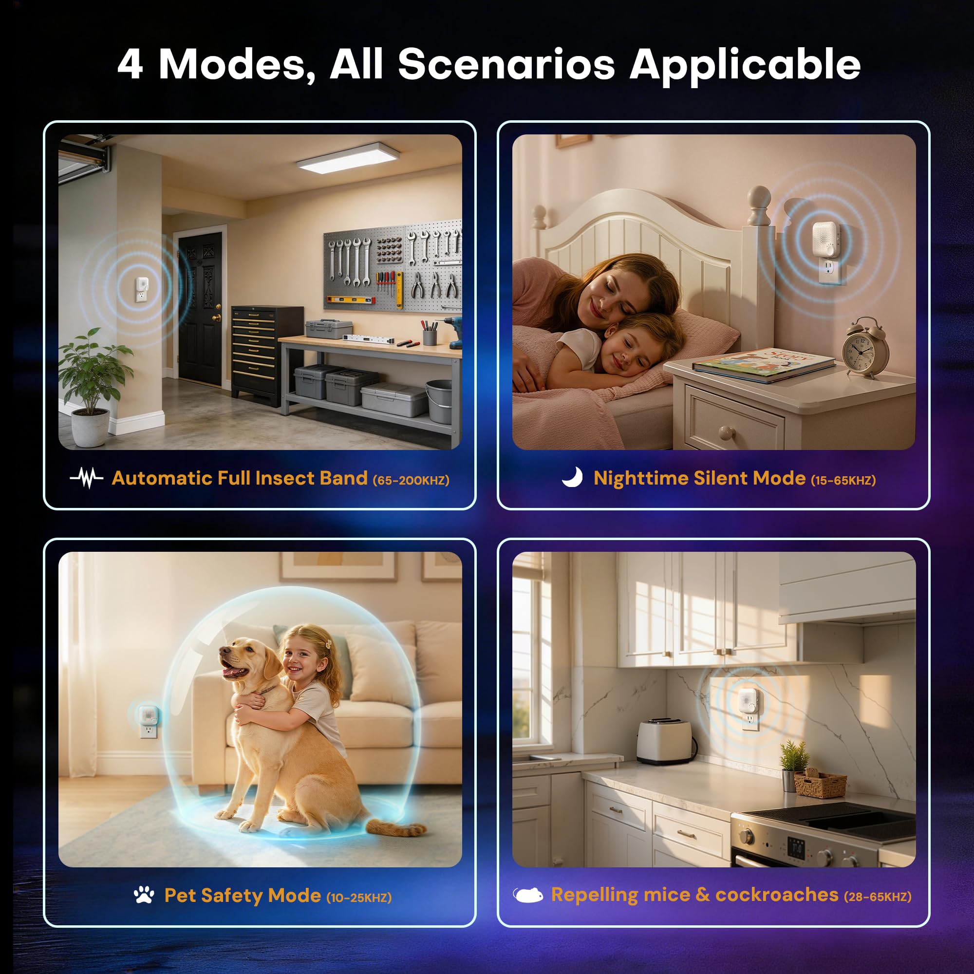 Repelente ultrasónico de plagas con 4 modos automáticos, repelente de roedores para ratones araña, ratas, mosquitos, cucarachas, hormigas, bloqueo y control silencioso plegable para el hogar, cocina