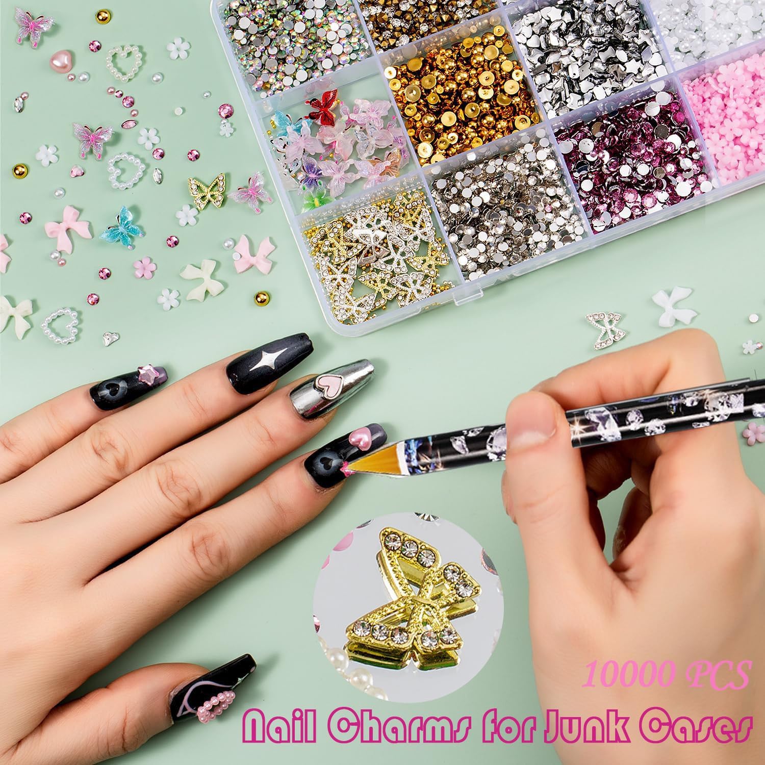 10000 Nail Spells and Gem Set, Pink Cute Bow, 3D Flowers, Gold Butterfly Pendant - Nail Art Water Diamond, Pearl, Diamond Gem, Comes with DIY Nail Tools