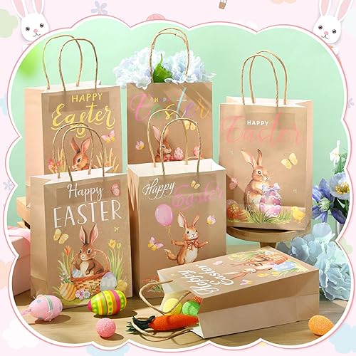 Miniatura 4 de Capoda 24 bolsas de regalo de Pascua, bolsas de papel kraft con asas para dulces decoradas con diseño de caza de huevos de Pascua y pollitos para