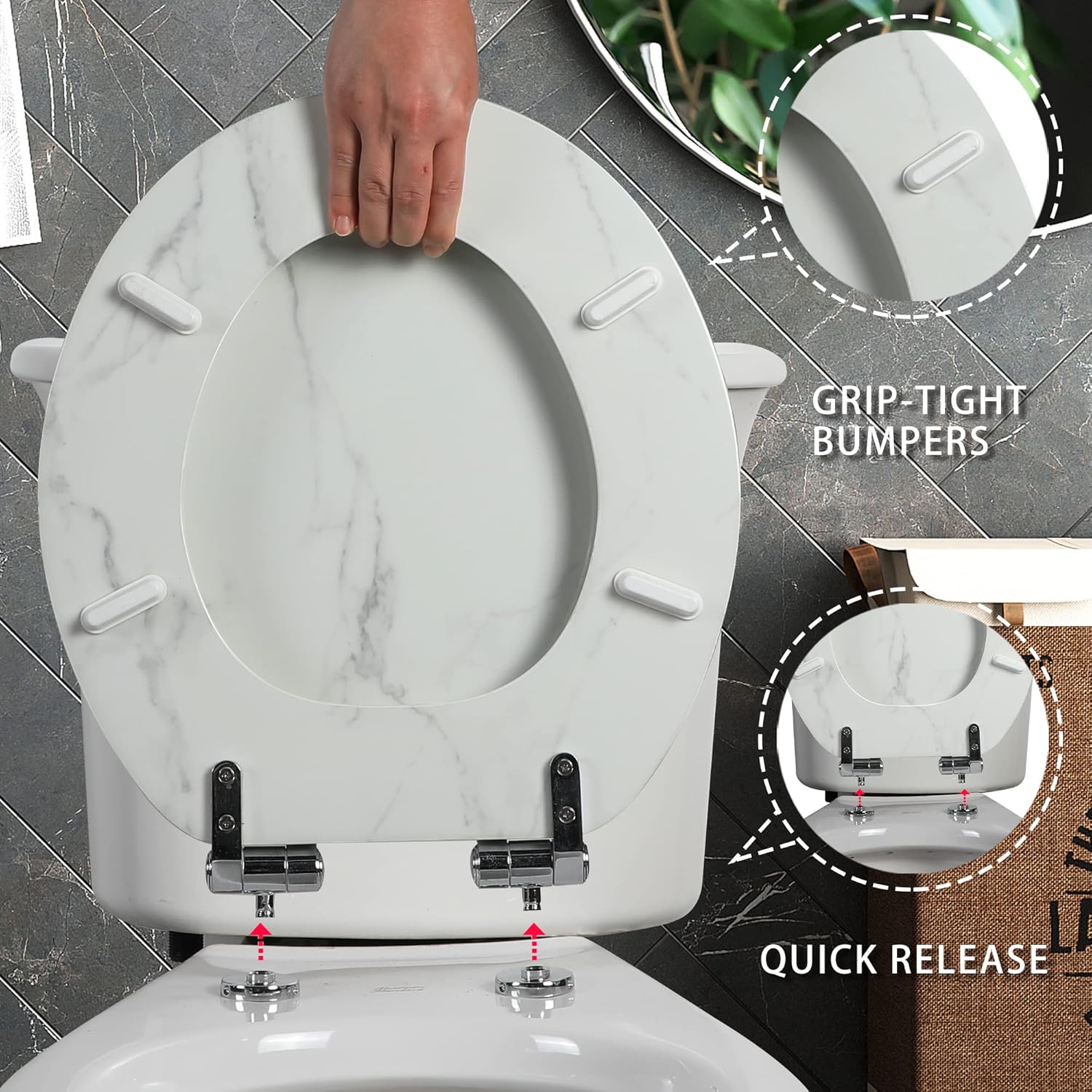 Angel Shield Marble Toilet Seat Durable Molded Wood with Quiet Close,Easy Clean，Quick-Release Hinges (Round,White Marble)