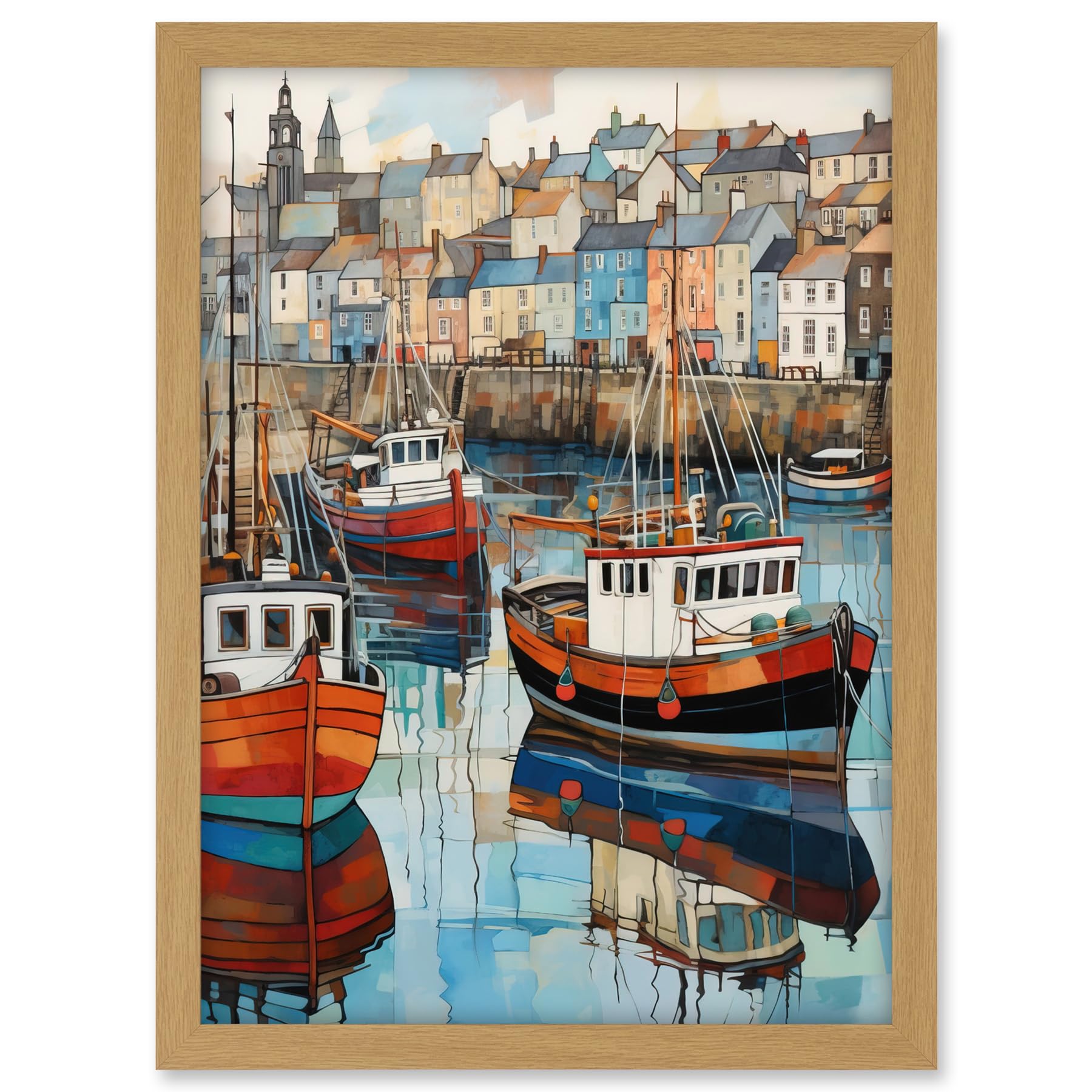 Artery8 Newlyn Harbour Trawler Boats Promenade Watercolour Painting Cornwall Coastal Townscape Artwork Framed A3 Wall Art Print