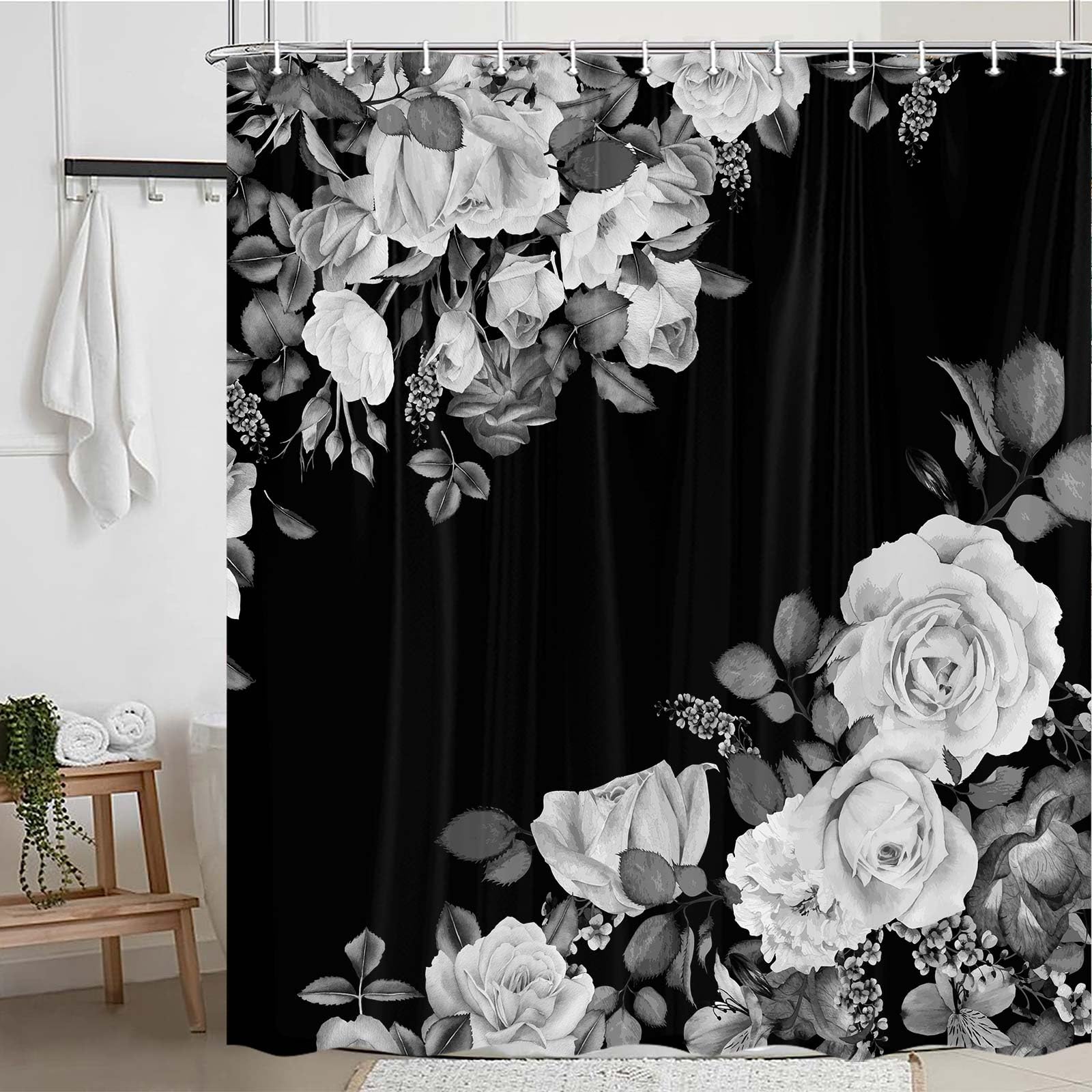 AMHNF White Rose Floral Shower Curtain - Romantic Red Butterfly Design, 74.8x70 Inches, Polyester - View #6