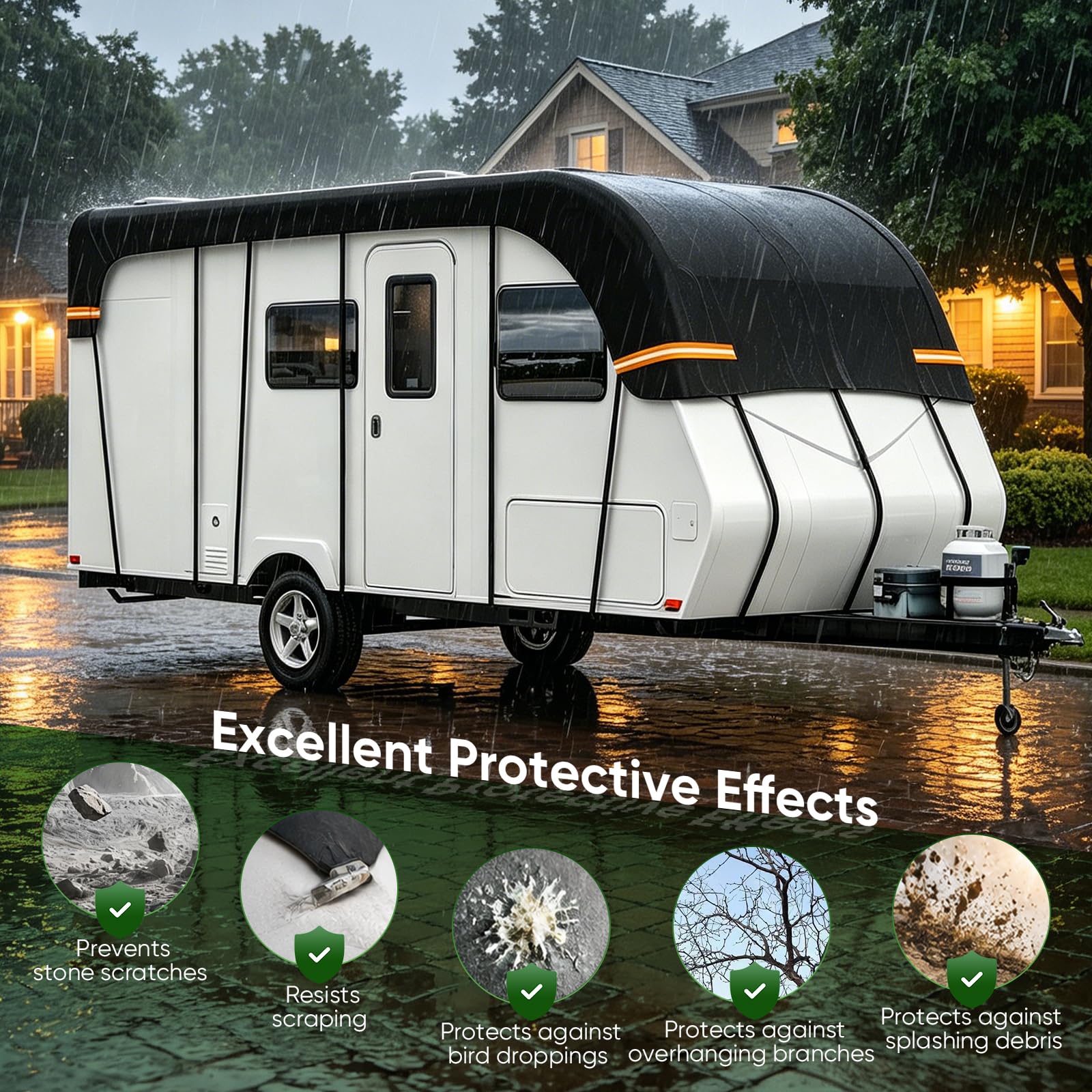 Telo di copertura per roulotte, 7,5 x 3 m, in tessuto Oxford 210D, impermeabile, protezione UV, per camper con 16 cinghie regolabili e strisce riflettenti, per campeggio e attività all'aperto