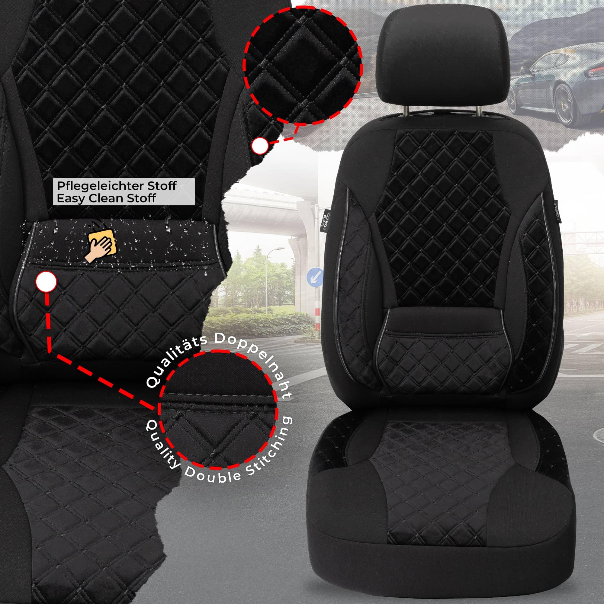Autositzbezüge Universal für PKW, SUV – Premium Vordersitzbezüge Schwarz, hochwertig verarbeitet für mehr Sitzkomfort, Airbag-kompatibel, Schonbezüge für Fahrer & Beifahrersitz mit Rückentasche