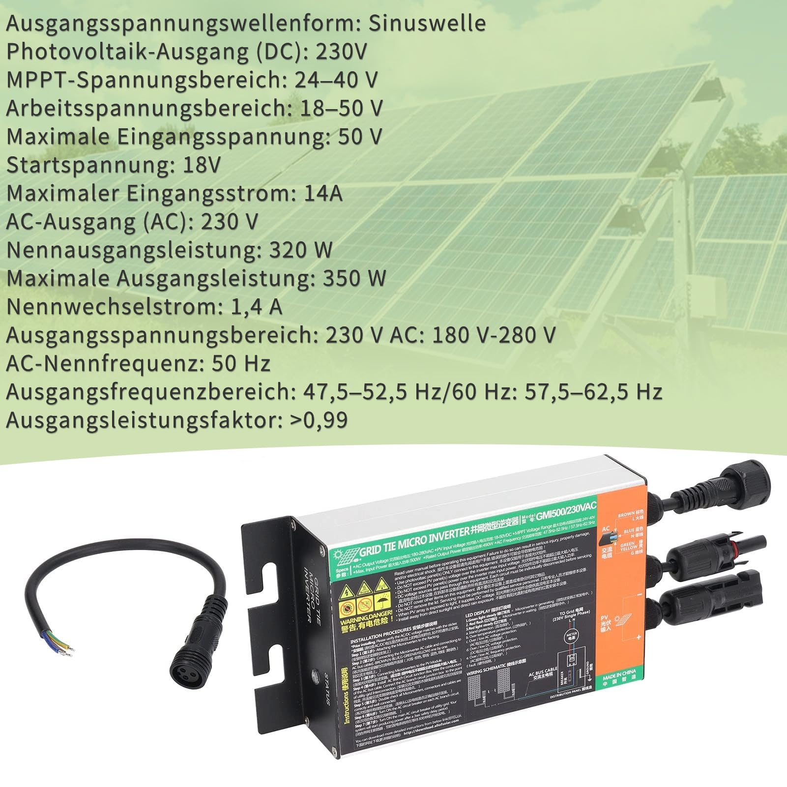 BuyWeek 350W Grid Tie Micro Inverter MPPT Onduleur Solaire à Onde Sinusoïdale Pure IP55 Micro-onduleur étanche pour Panneau Solaire Balcon Power Station 230V