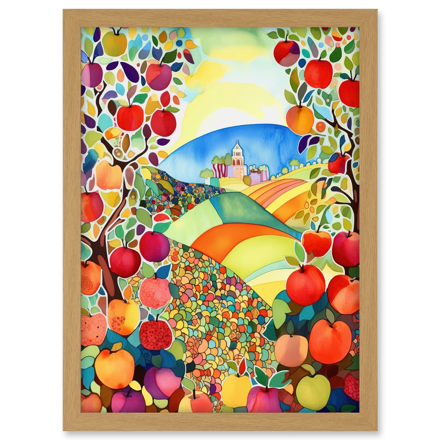 Artery8 Apple Tree Orchard Fields In Summer Folk Art Landscape Watercolour Painting Artwork Framed A3 Wall Art Print