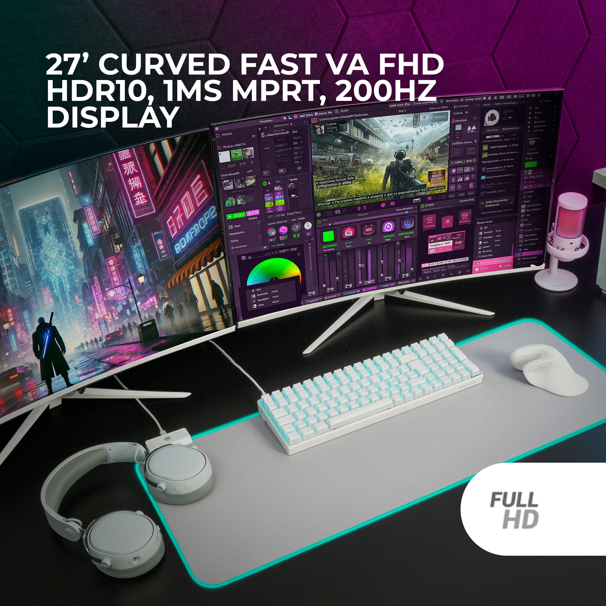 Mars Gaming MV-27C, Zakrzywiony Monitor Gamingowy 27” FHD 1080p 200Hz, HDR10 1ms, FreeSync i G-Sync, Bezramkowy Monitor PC, Low Blue Light i Flicker-Free, HDMI + DisplayPort + Jack 3.5mm, Biały