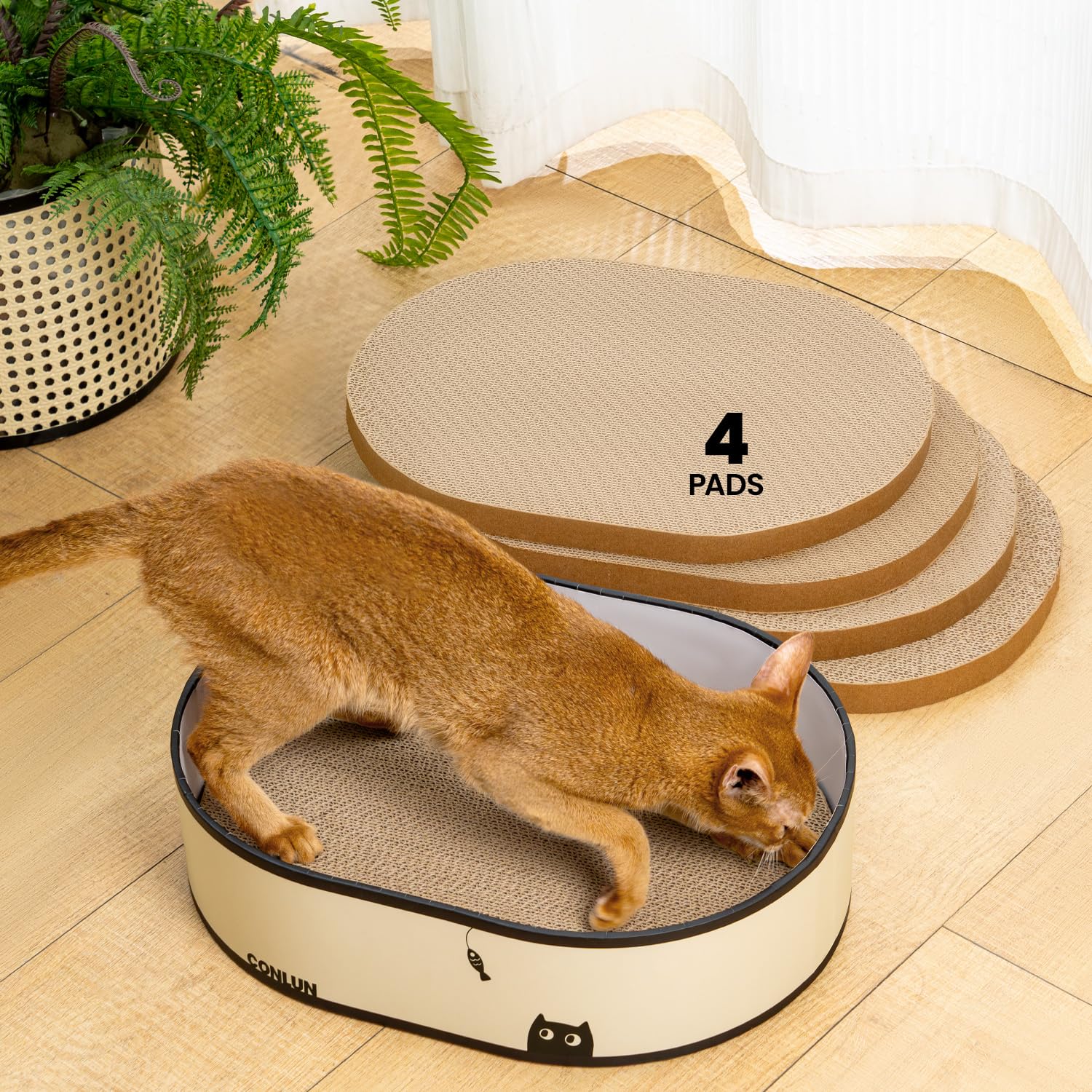 Conlun Kratzbrett Katze, Kratzbox mit 4 Katzen Kratzpappe,Wendbare Katzenkratzbretter aus Robustem Wellpapp-Karton für Katzen zum Kratzen und Ausruhen,Schützt Möbel,Ideales Kätzchen Geschenk,Groß