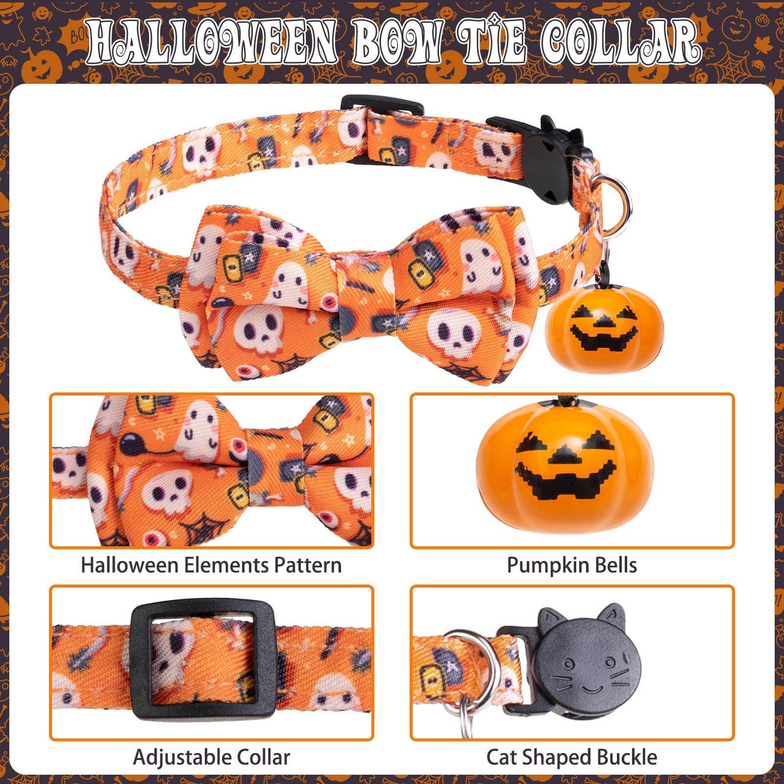 EXPAWLORER Halloween-Katzenhalsband mit abnehmbarer Fliege und Bandana, verstellbares Urlaubs-süßes Breakaway-Katzenhalsband mit Glocke und Kürbislampe, ideales Geschenk für Kätzchen, Katzen, Welpen,