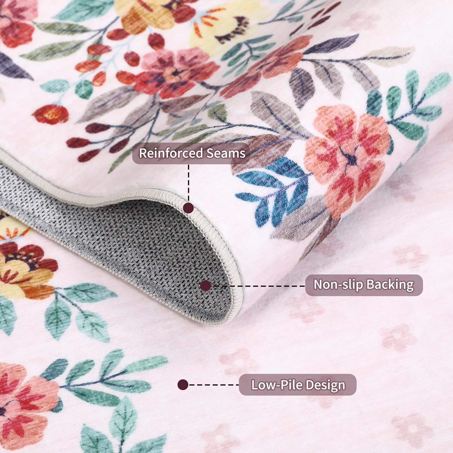 IDEALHOUSE Pink Floral Area Rug 3x5, Washable Entryway Rug with Non-Slip Backing, Low-Pile Small Carpet for Bedroom, Kitchen, Living Room