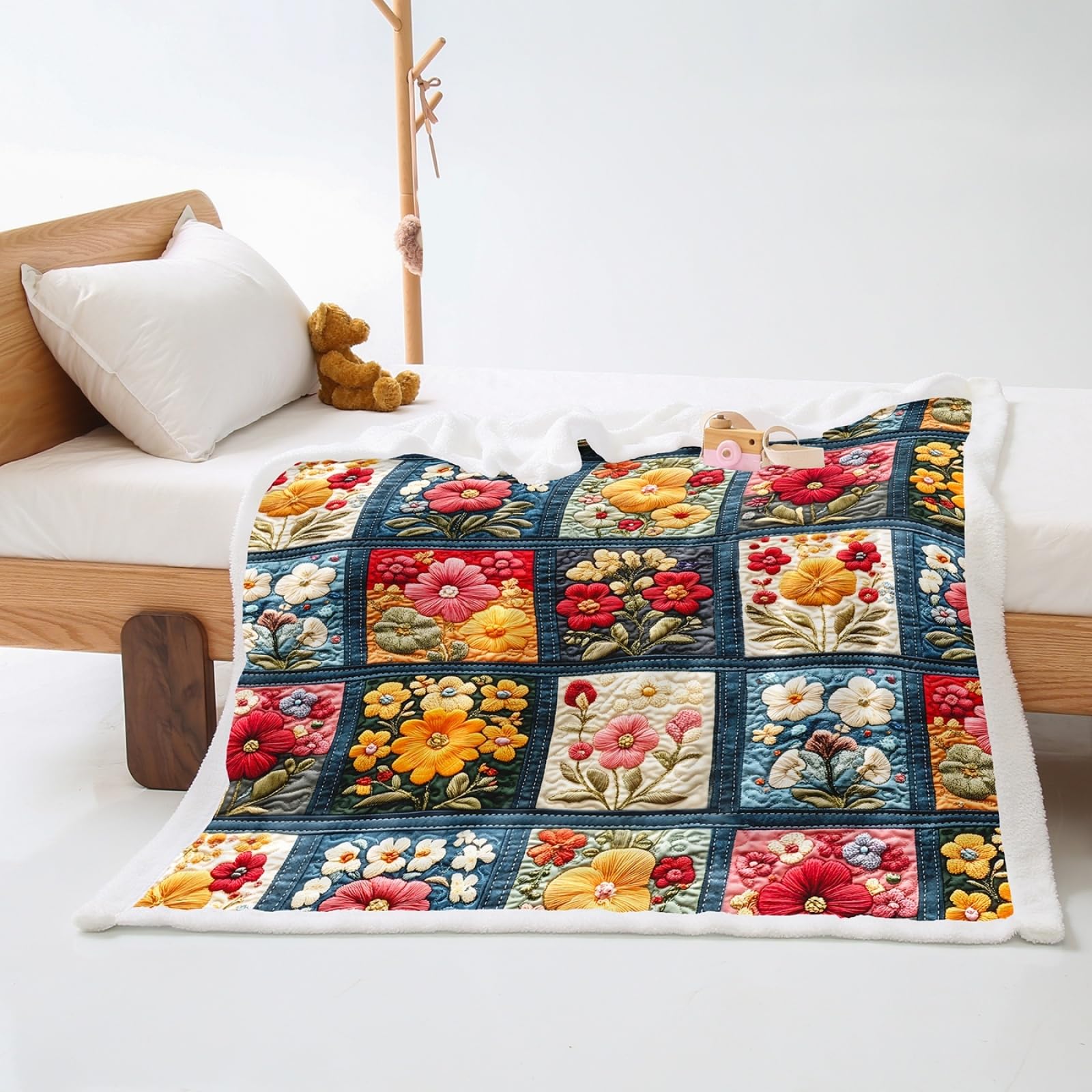 Plaid Matrimoniale Fiore Di Geometria Blu Coperta Matrimoniale Flanella Lana di Agnello Coperta Pile Durevole Plaid Divano Morbido Blanket Addensare Morbida Coperte 150x180cm