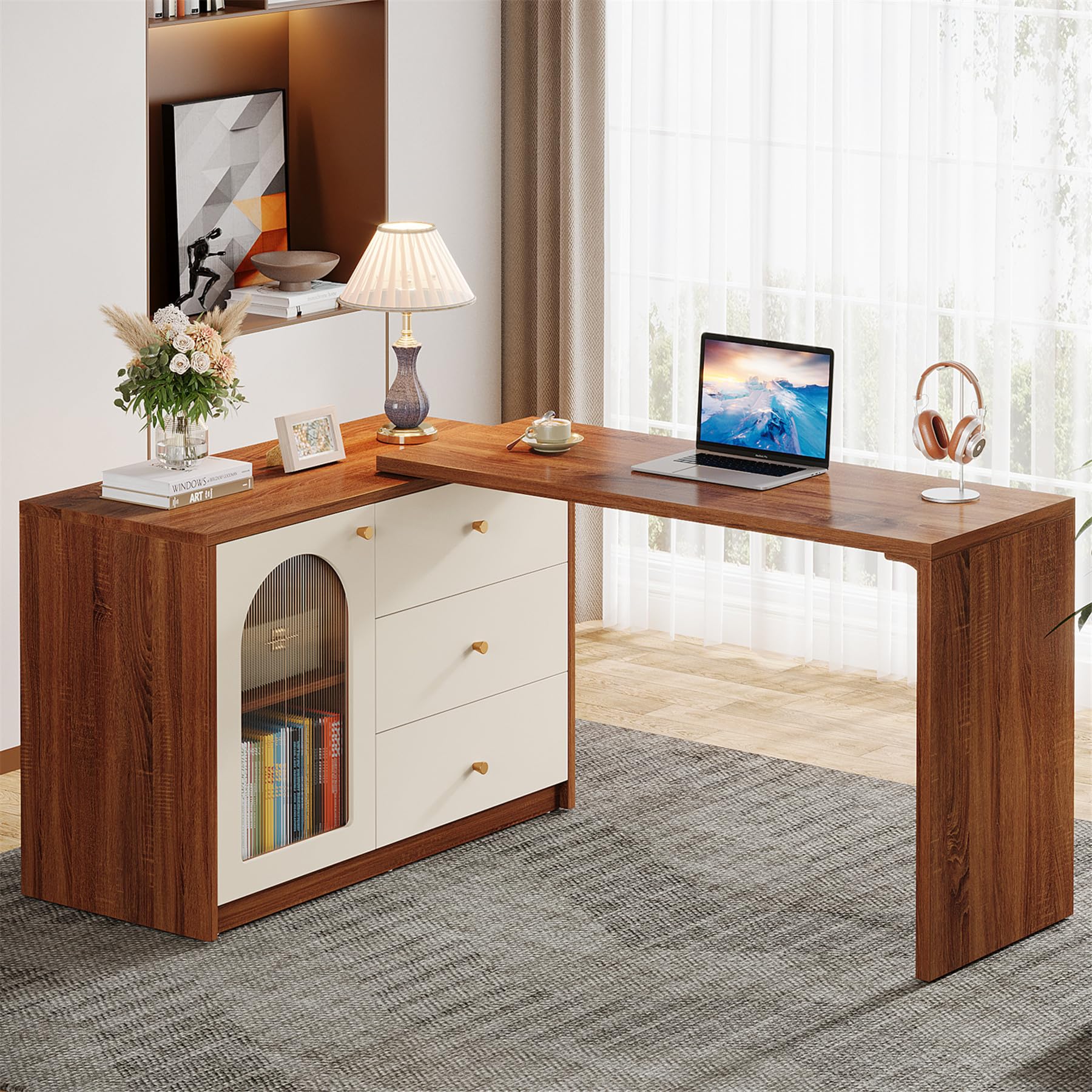 tribesigns l shaped computer desk with drawers, modern corner home office desk with reversible storage cabinet, long study writing desk workstation for home office, rustic brown
