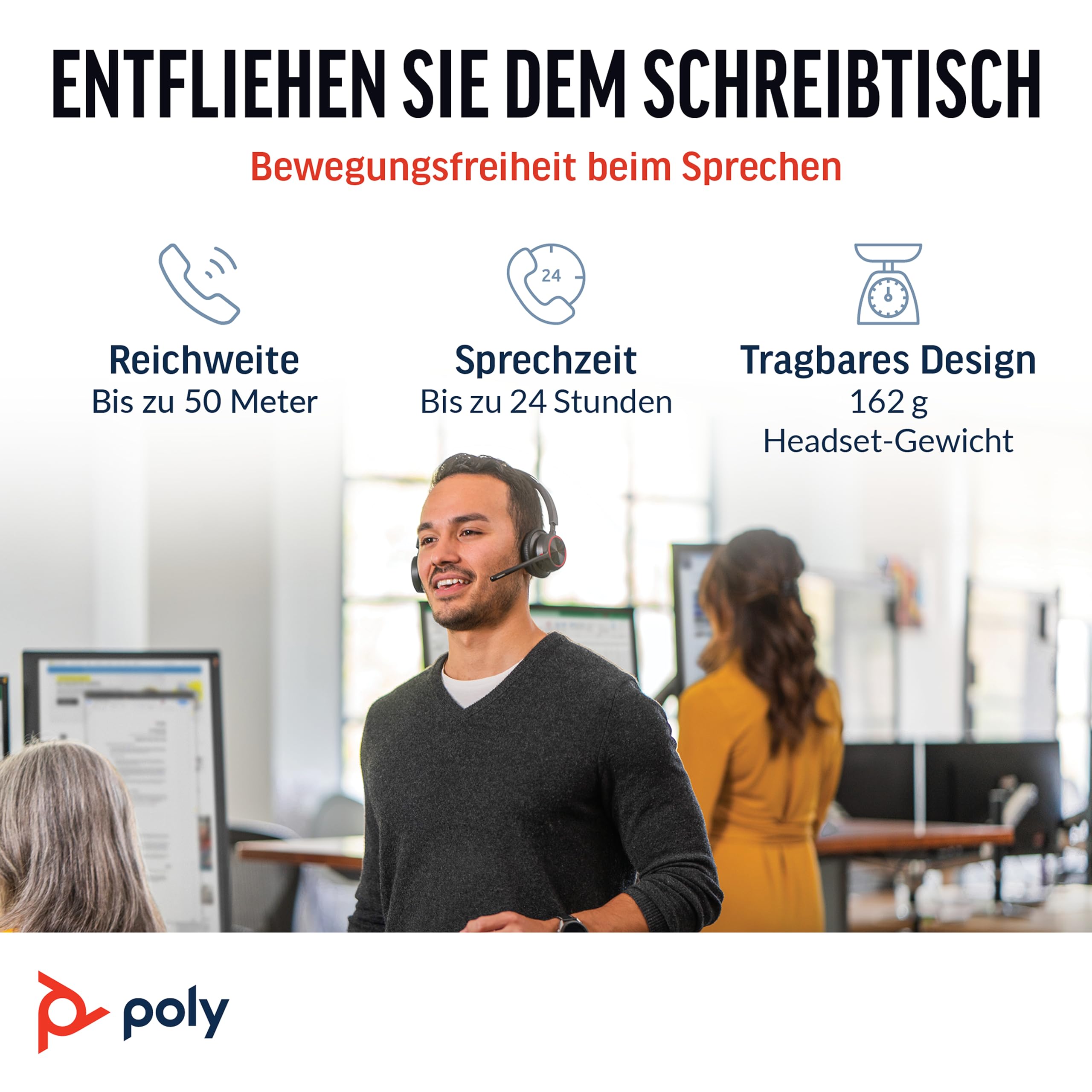 Plt Schnurloses Poly Voyager 4320 UC-Headset und Ladestation – Stereo-Kopfhörer mit Noise Cancelling-Mikrofonarm – Verbindung mit PC/Mac/Mobiltelefon über Bluetooth – Kompatibel mit Teams – Bild 4