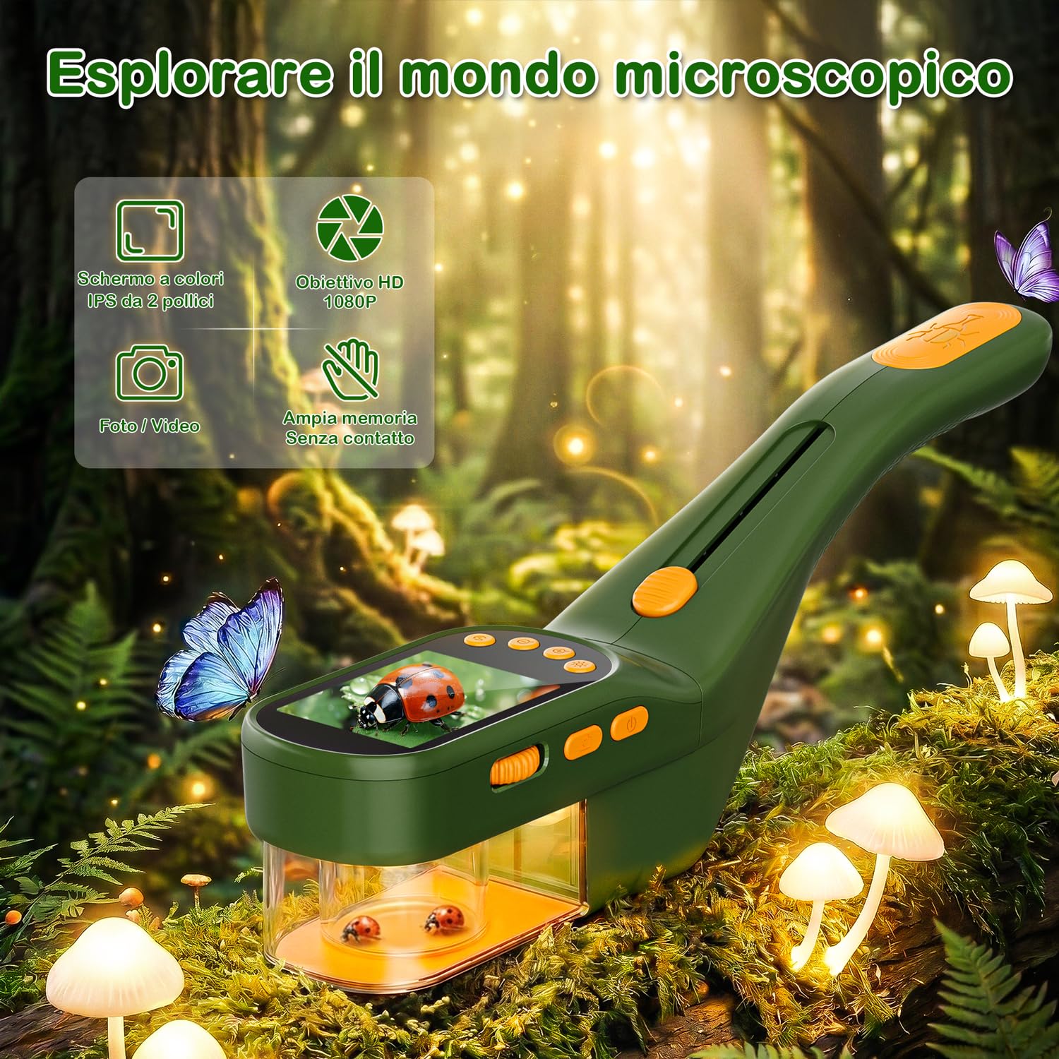 CIMELR Cattura insetti 2,4" HD microscopio – giocattolo natura per bambini | Cattura insetti batteria 1000mAh, 8 LED, fotocamera 1080P, proiezione PC, kit STEM 3-12 anni