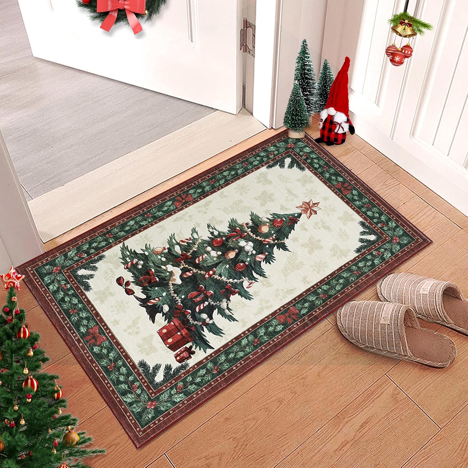 GarveeHome Christmas Tree Area Rug 2x3 Washable Rug,Entryway Rug Non-Slip Soft Low Pile Small Floor Carpet Retro Doormat for Kitchen Bedroom Laundry Bathroom Hallway