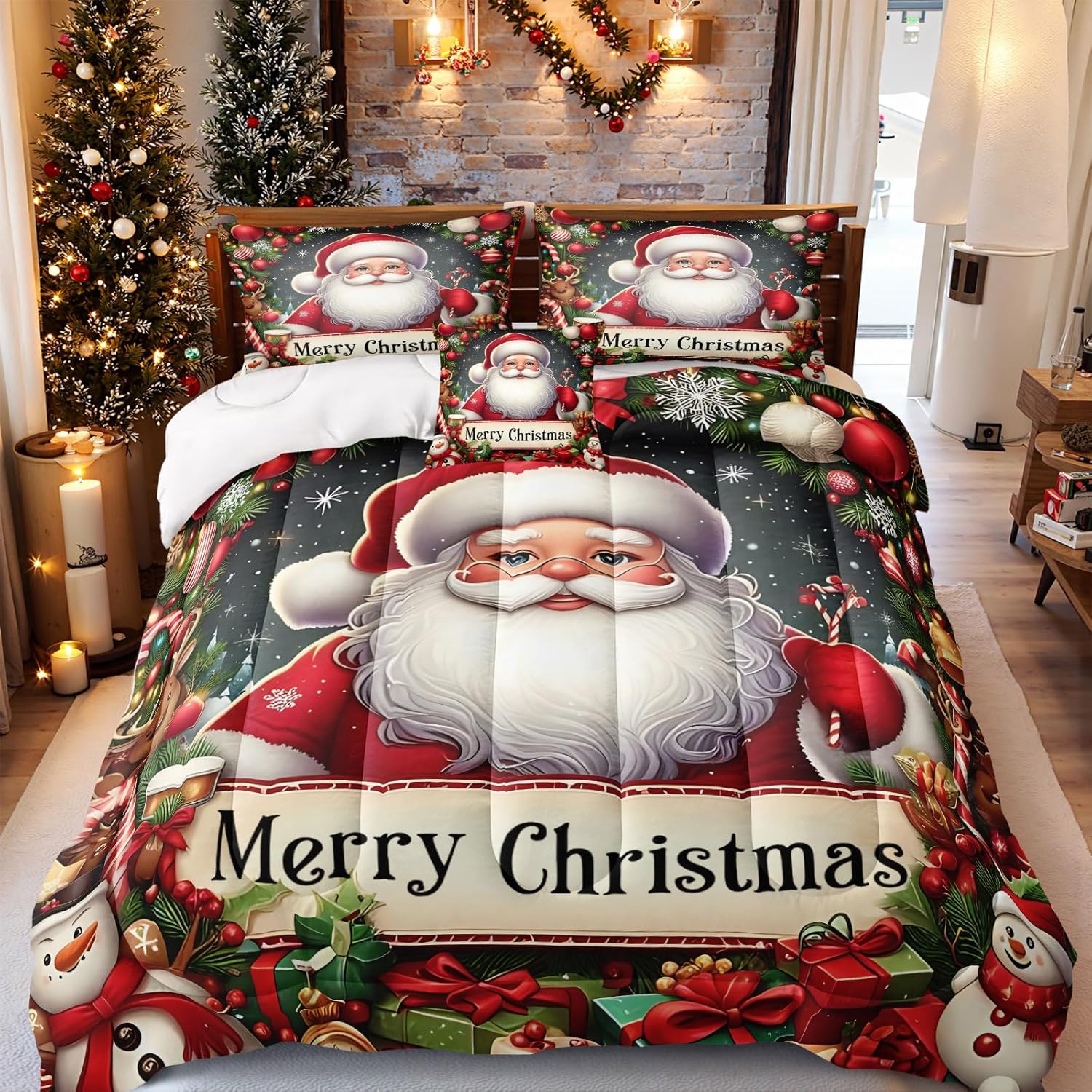 Merryword Cartoon Santa Claus Comforter Set Queen Cute Bedding Set for Girls Boys Teens