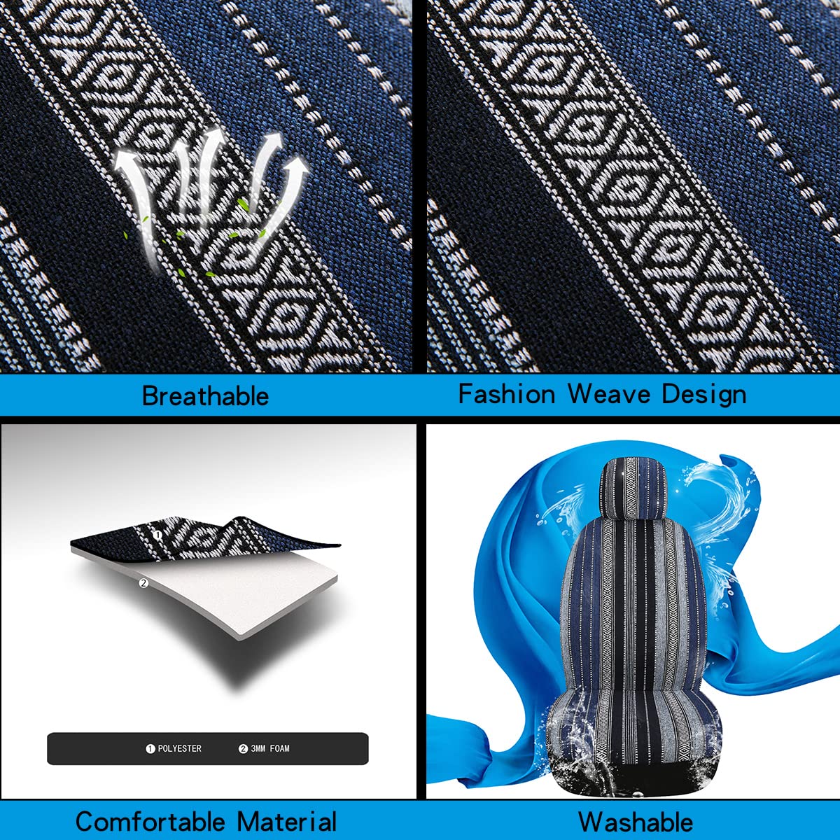 Baja - Juego Completo de 9 Fundas de Asiento de automóvil, Transpirables y Lavables, a Rayas, Tejidas a Rayas, Funda de Asiento Universal para sedán, SUV, camión, Compatible con Bolsas de