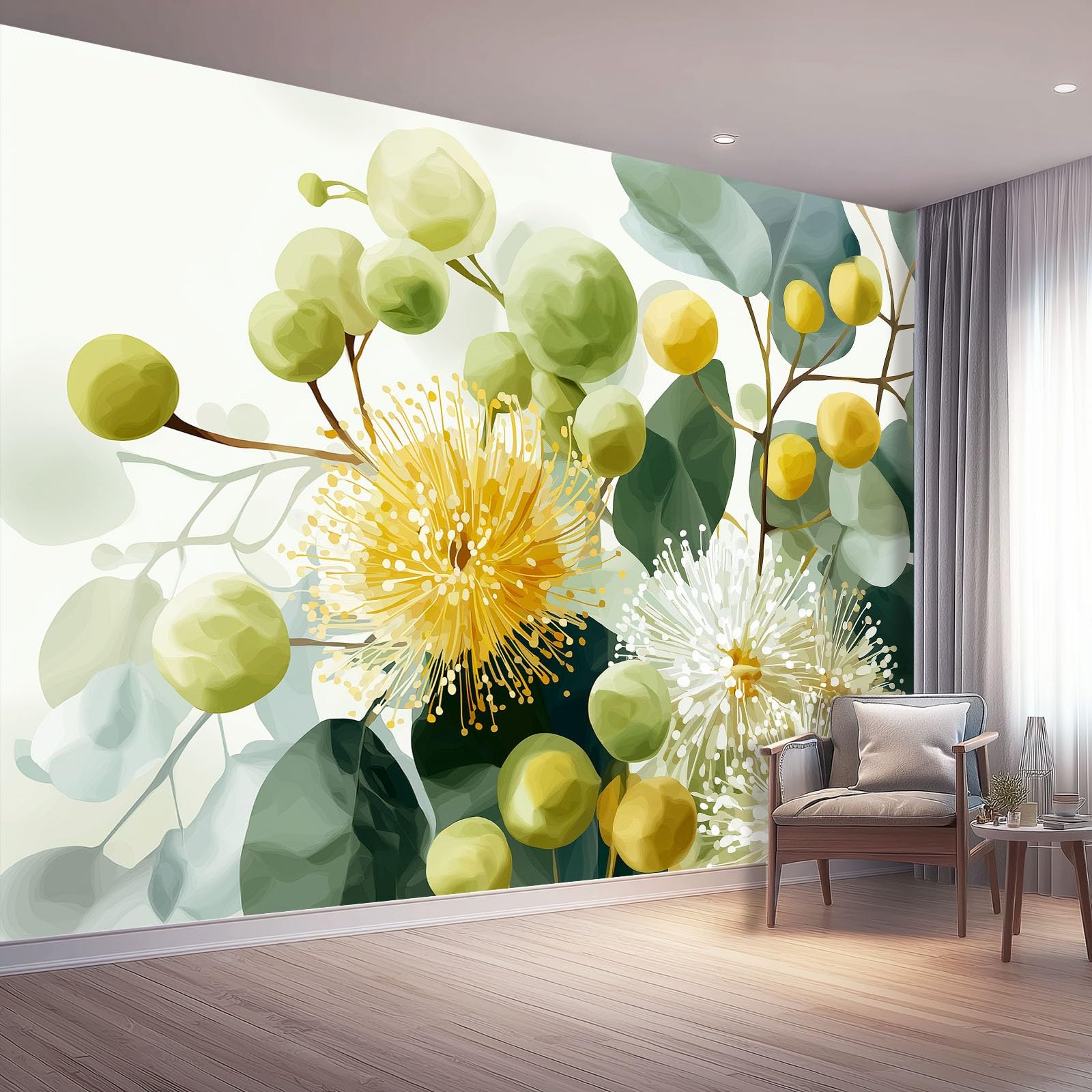 Tapeta z motywem 250 x 175 cm, kwiaty i eukaliptus, wesoła tapeta z motywem do pokoju dziecięcego i kącika do majsterkowania, żółto-zielona