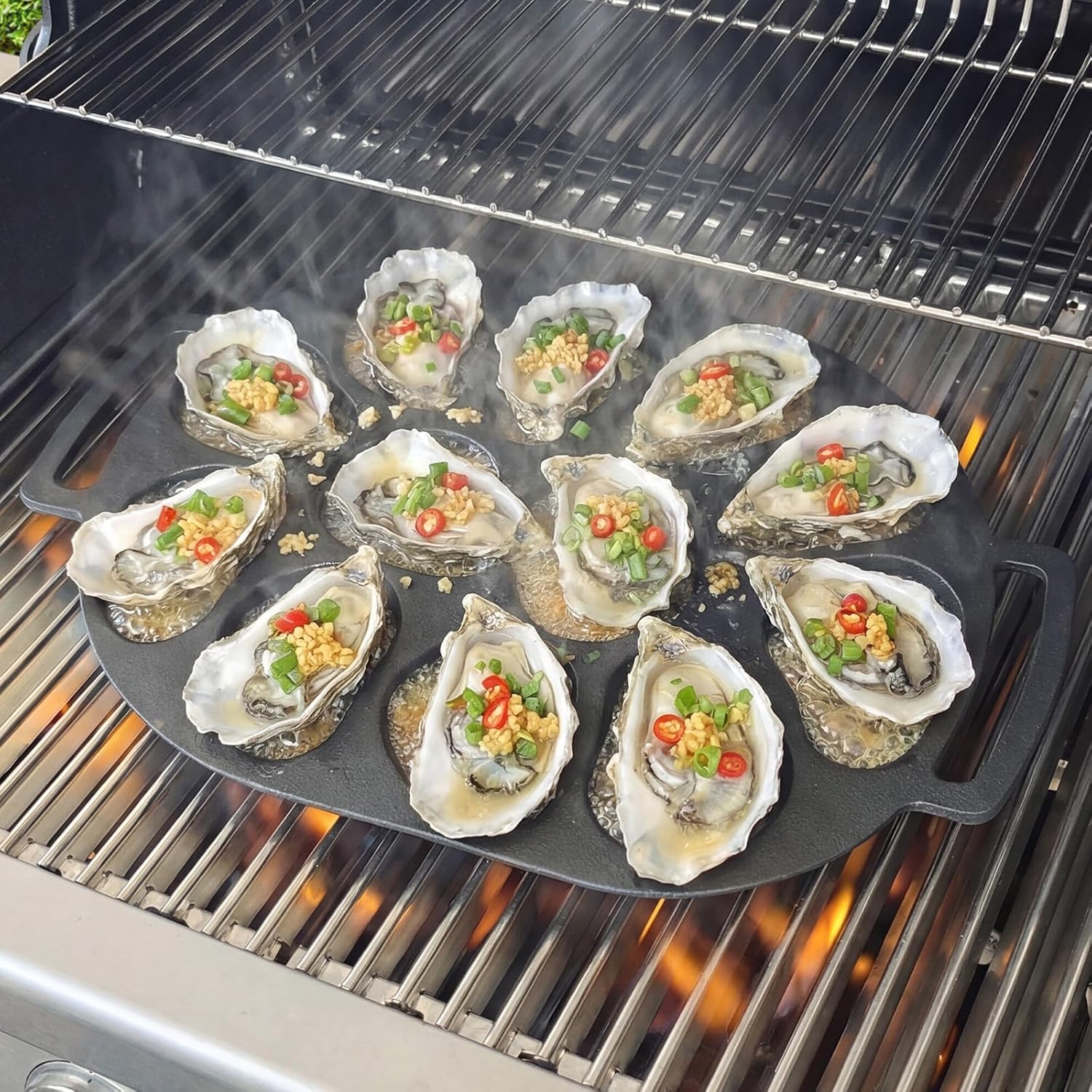 Oyster Grill Pan, Cast Iron Multi-Functional Grill Pan for Oysters and Scallop, Matt Enamel, 12 Cavities, for BBQ Seafood Party Outdoor Cooking
