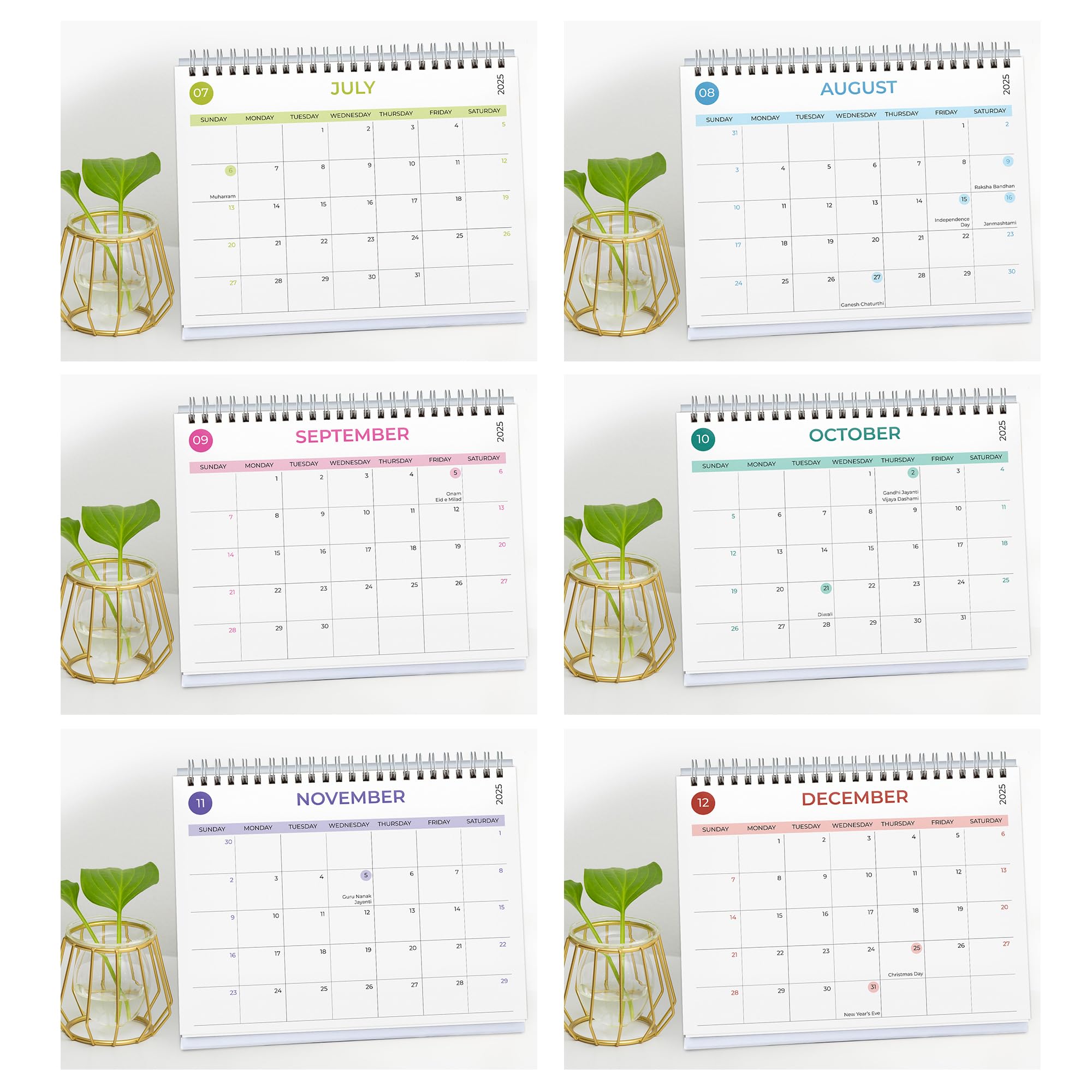 Papboo Ästhetischer Tischkalender 2025, 12 Monate, mit To-Do-Liste, Planer und Aufkleberbogen, inklusive Notizbereich, 220 g/m², weißer Spiralbindung, 15,2 x 20,3 cm (Farbrad)