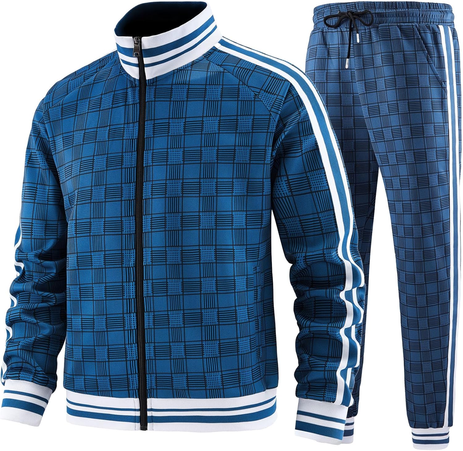 Men Tracksuits Full-zip Long Sleeve Plaid Track Jackets and Pants 2 Piece - Image 2