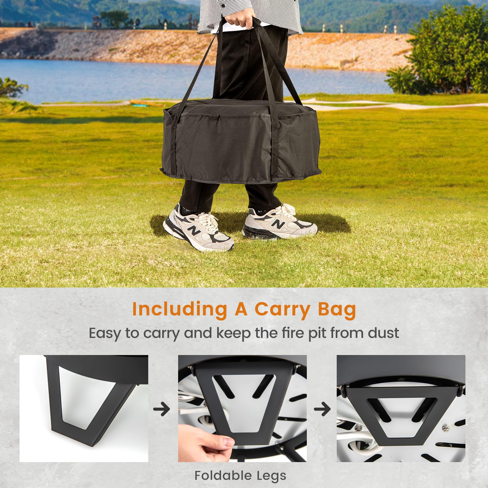 58000 BTU Propane Fire Pit, 44 cm Small Outdoor Fireplace with Foldable Legs, Portable Round Pit Lid, Cooking Grill, Carry Bag, Lava Rocks, Smokeless Firepit for Camping — view 5