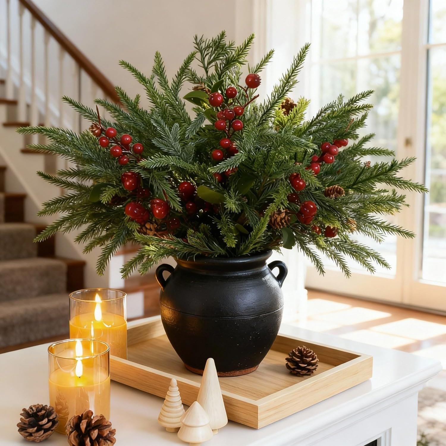 12 Pcs Christmas Artificial Pine Branches with Red Berries Stems for Vase 17.8 Inch Fake Cedar Branches Norfolk Pine Greenery Stems Holly Berries for Holiday DIY Crafts Home Decor(Cedar)