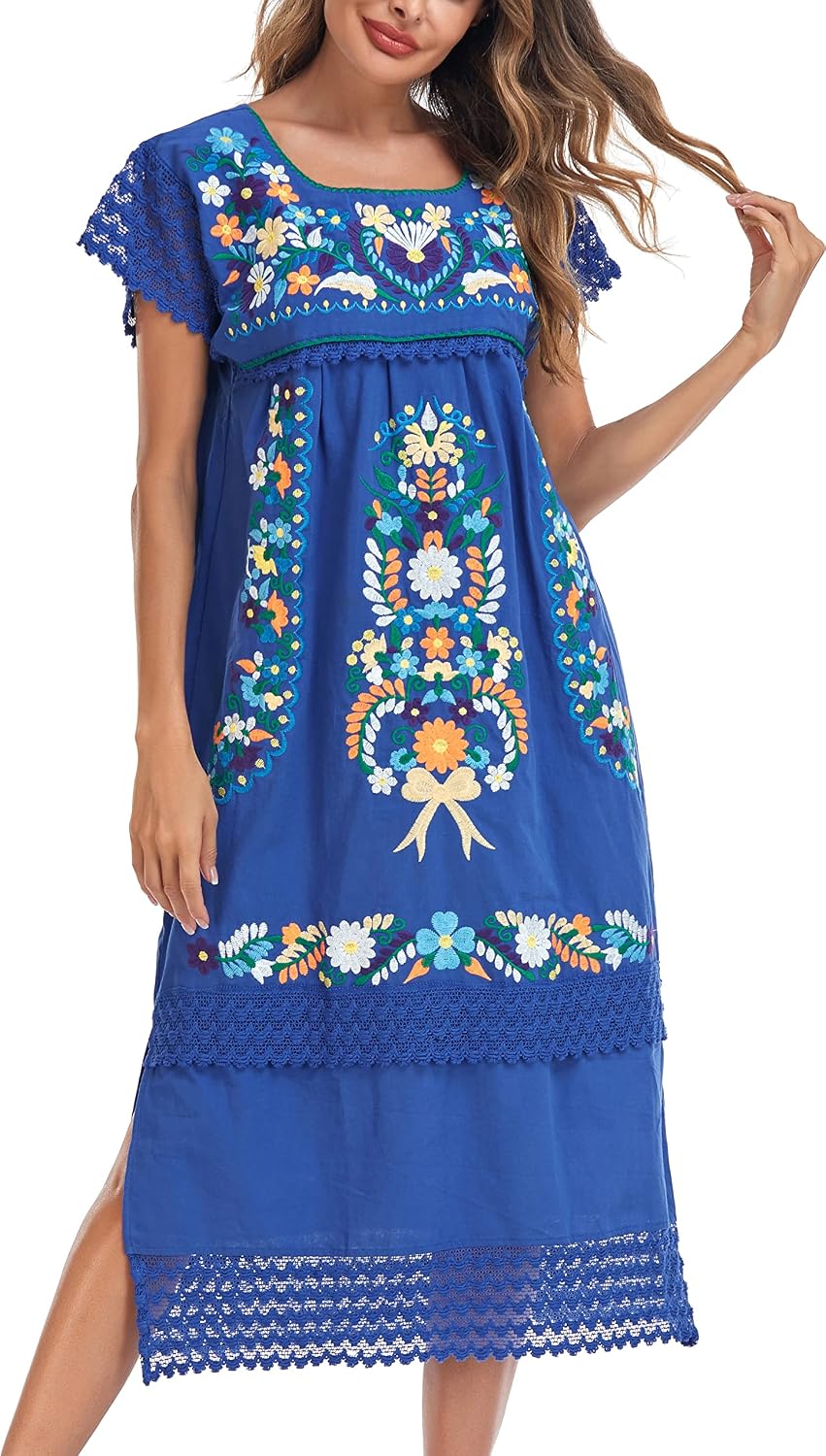 YZXDORWJ Women Embroidered Mexican Present Lace Short Sleeves Long Traditional Dress