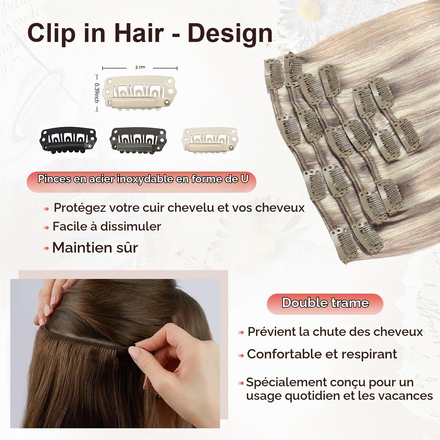 XDhair Extension Cheveux Naturel Clip 6pcs 100g 40cm