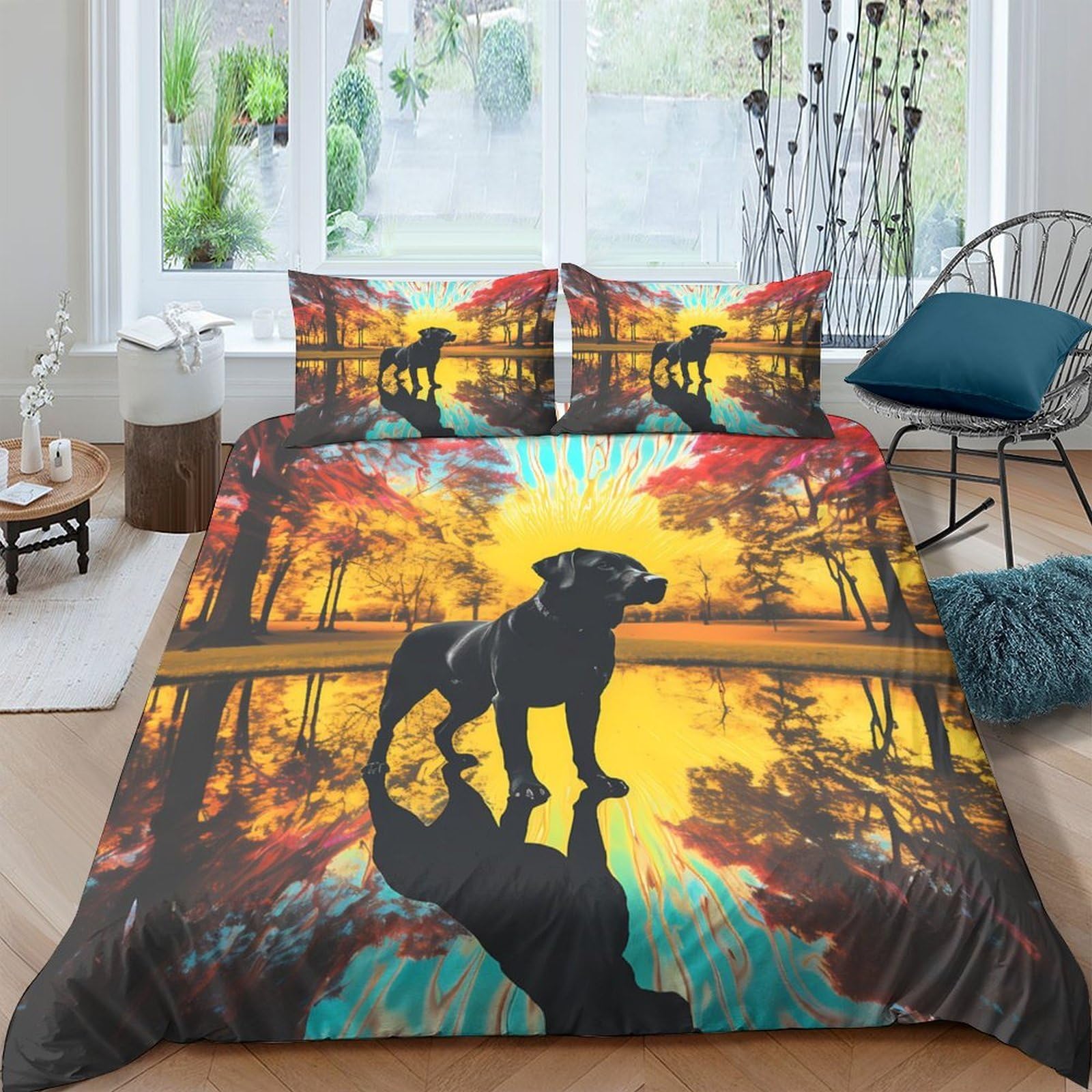 GPLZQXKJNH 3D Printed Black Dog Forest Sunset Duvet Cover Microfiber Soft Breathable Autumn Lake Bedding Set with 2 Pillowcases Single（135x200cm）
