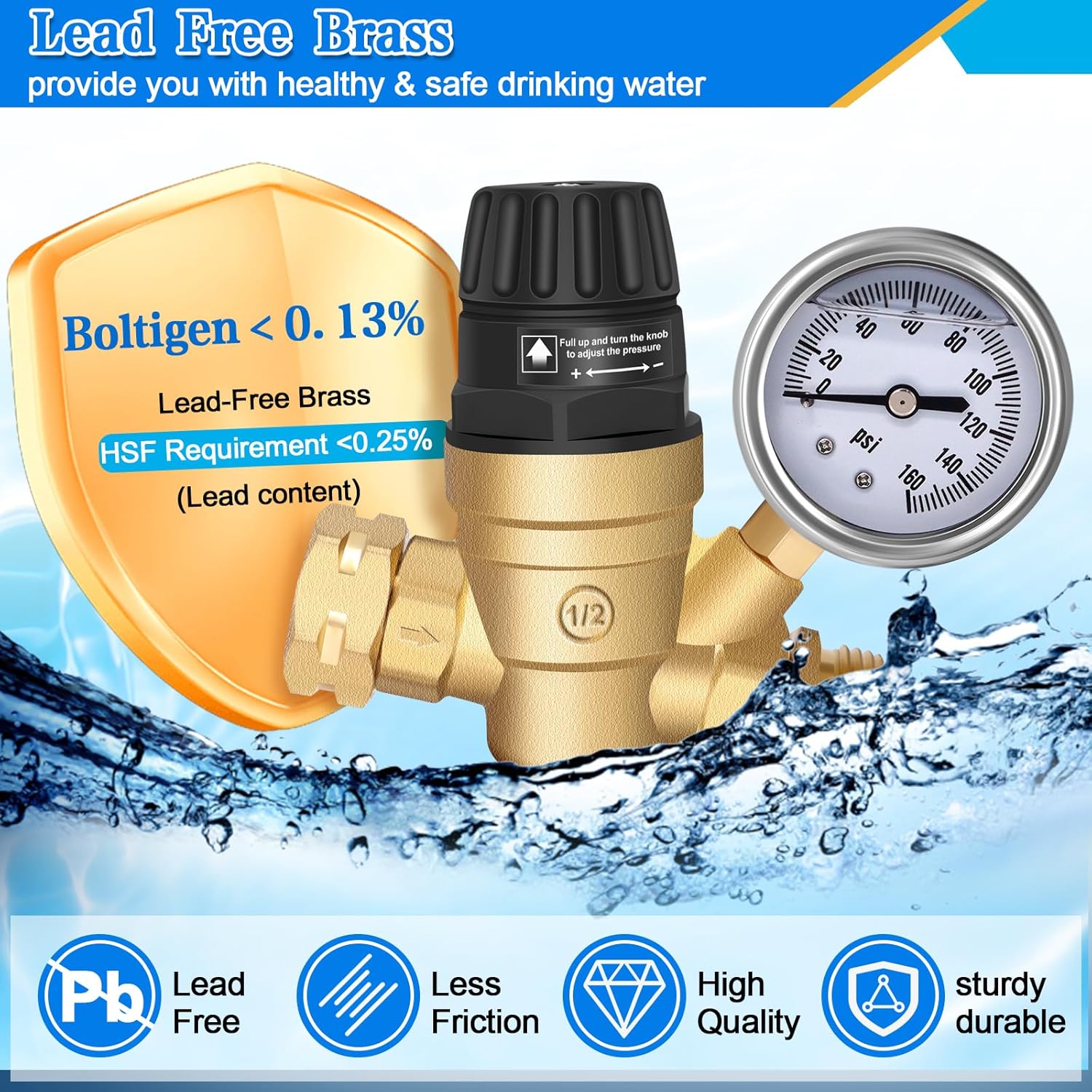 Boltigen RV Water Pressure Regulator with Gauge Lead-Free Brass Knob Adjustable Water Pressure Reducer Valve, for Camper Travel Trailer RV Drinking Water Pressure Adjust, Protecting Plumbing System