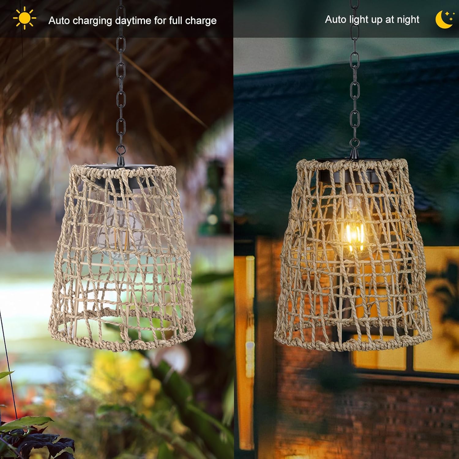 Solar Lanterns Outdoor Waterproof Hanging Light-Natural Seeweed Rattan Decorative Solar Rattan Pendent Chandelier Light with Edison Bulb for Patio Garden Landscape Pathway Yard Décor