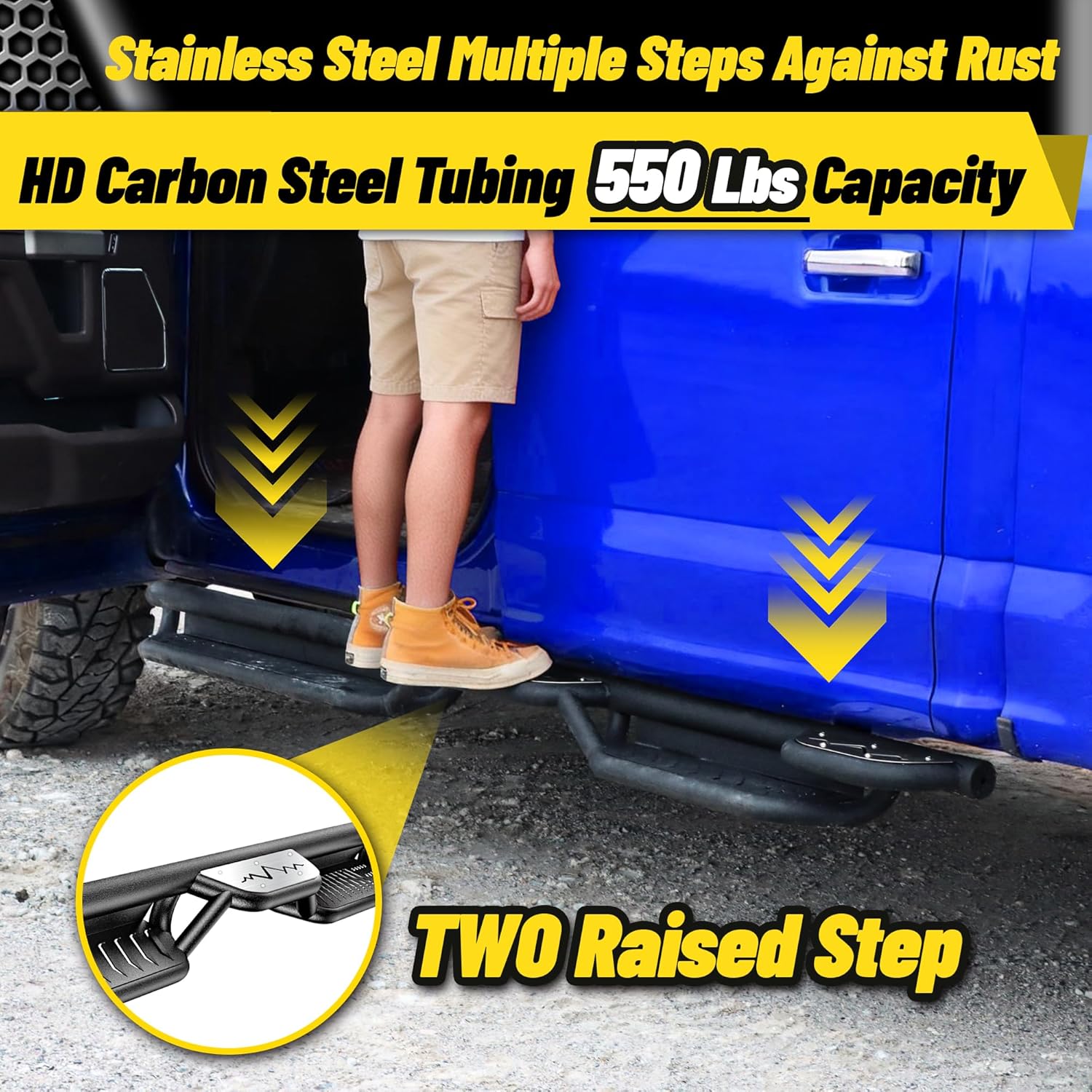 MONOKING Anti-Rust Stainless Steel Wheel-to-Wheel Side Steps for 2015-2026 Chevy Colorado GMC Canyon Crew Cab, Raised Step Running Boards with Mountain Cutout Heavy Duty Carbon Steel Nerf Bars