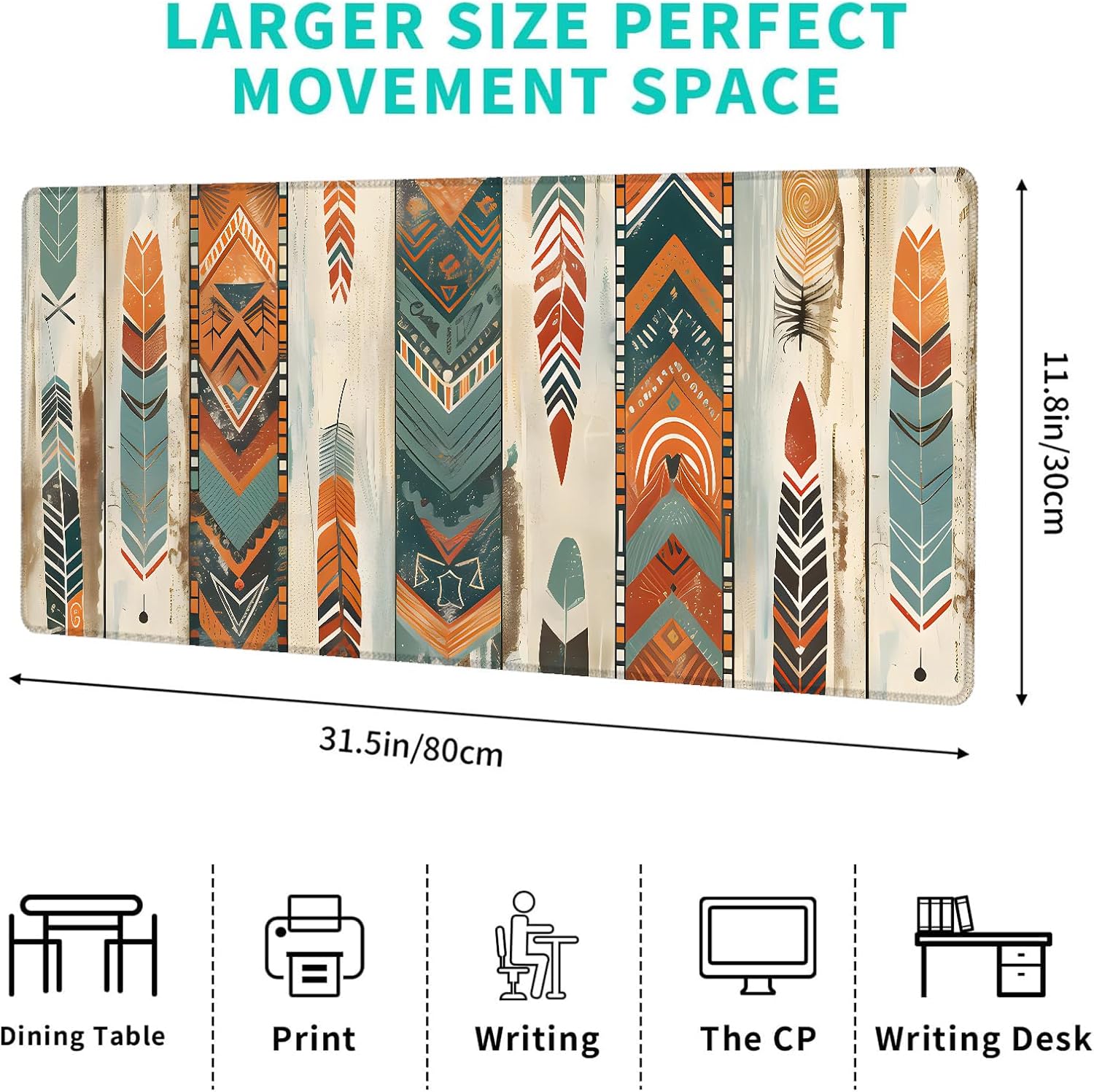 Western Aztec Native American Gaming Mouse Pad,12x31.5in Non-Slip Rubber Desk Mat with Southwestern Feather Boho Design,Large Extended Mousepad for Office Home Laptop,Game Deskmat Gifts Decor