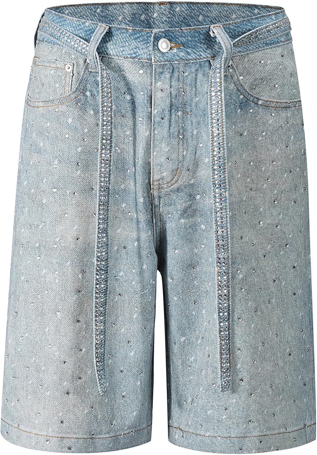 Women's Rhinestone Denim Shorts Casual Stretchy High Waisted Bermuda Jean Shorts with Belt Y2K Streetwear
