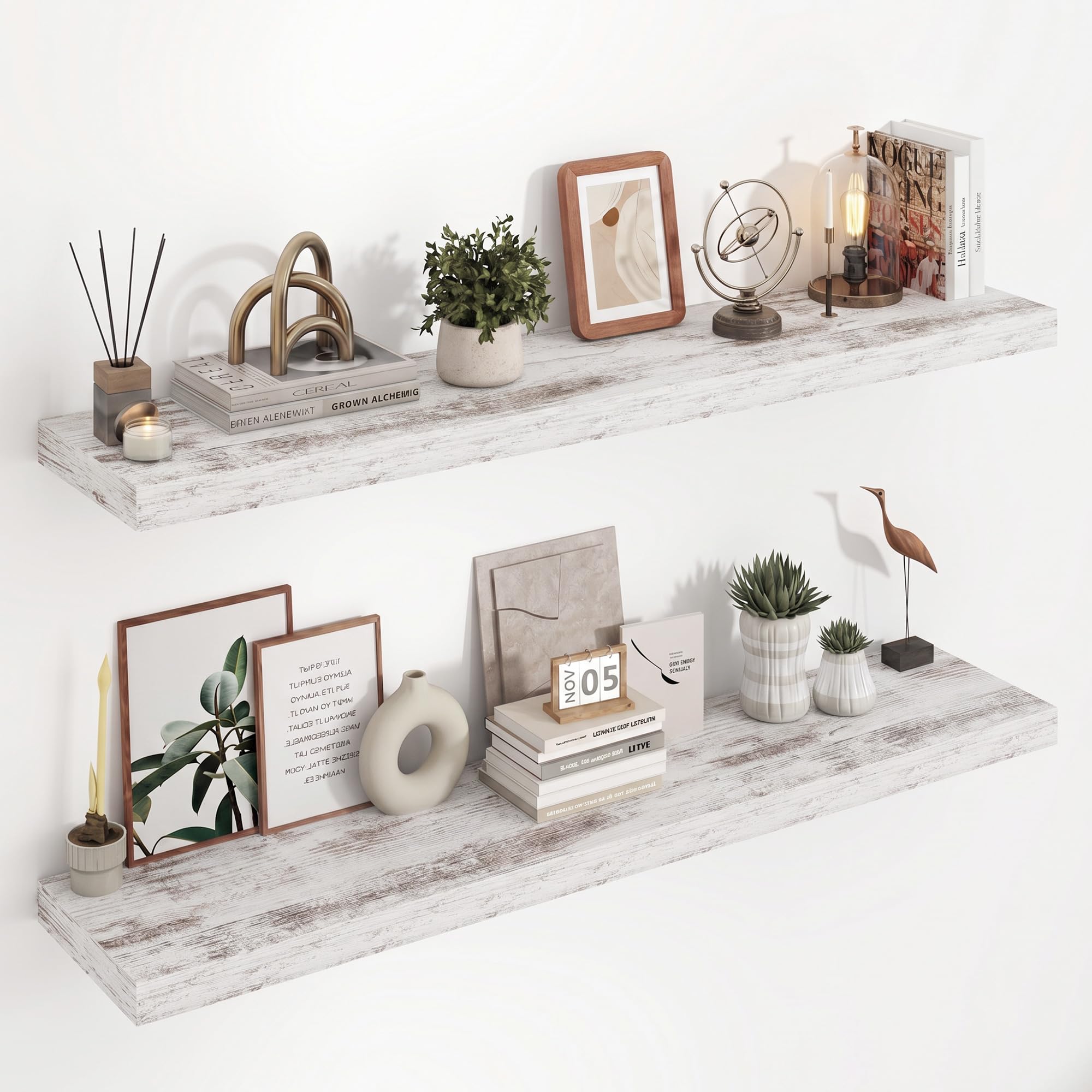 Acovy Floating Shelves for Wall, 23.5cm Extra Deep 120cm Long Wooden Wall Mounted Shelf, Wall Shelves for Living Room Bathroom Bedroom Kitchen, Washed White, Set of 2