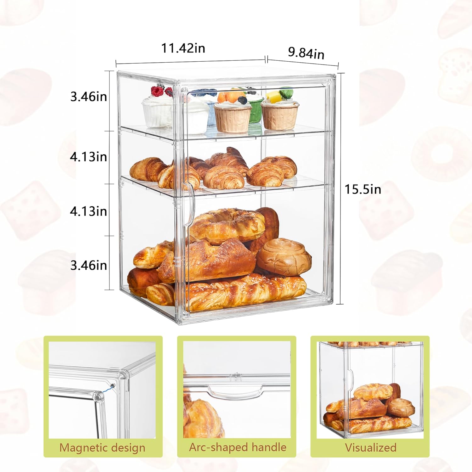 Pastry Display Case,Bread Box for Kitchen Countertop,4 Layers Adjustable Clear Bread Storage with Magnetic Door Bakery Pastry Display15.5x11.4x9.8inch，1 Pack