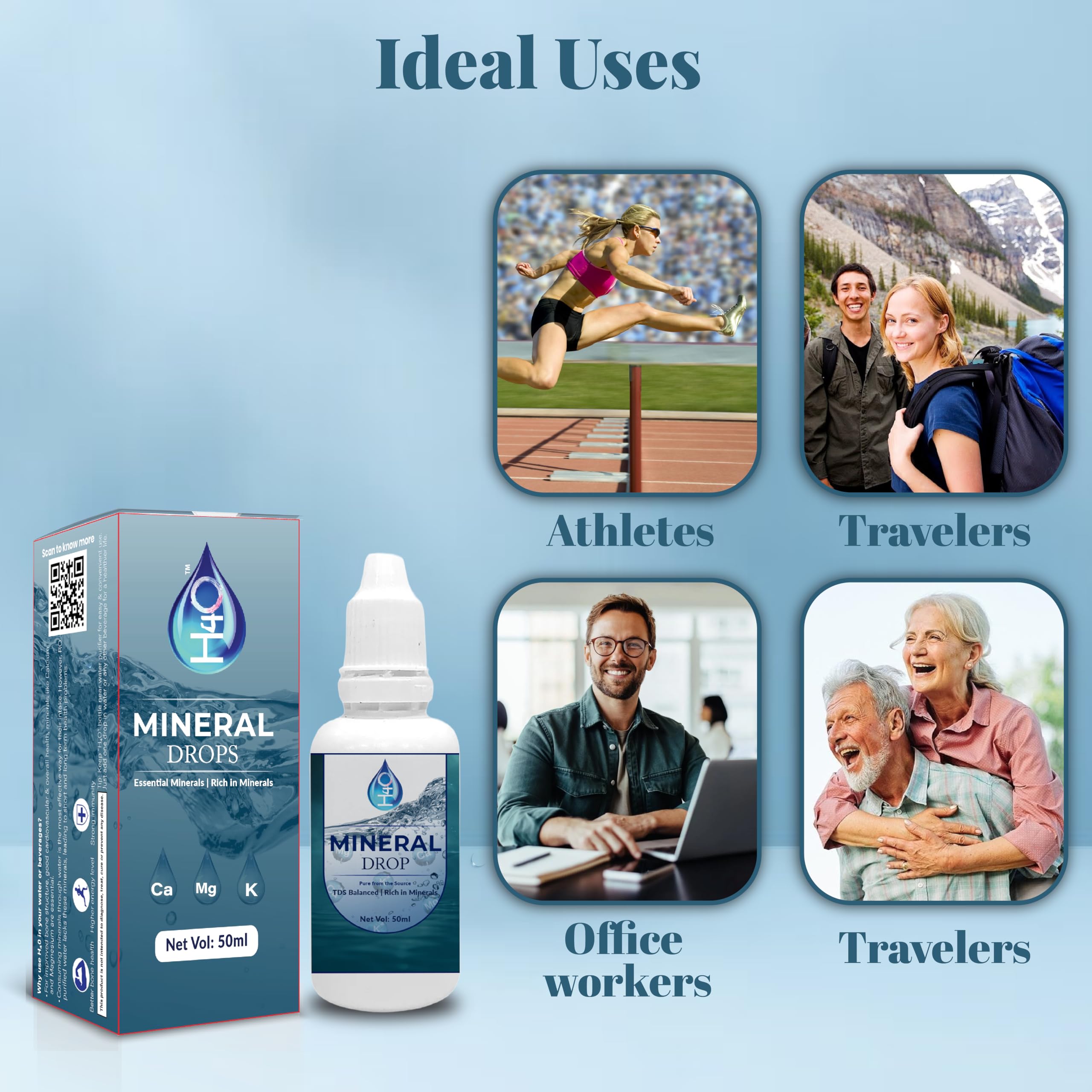 H4O: (Pack of 4)TDS enhancing mineral drops for RO water. Say goodbye to fatigue and body aches. Great Alternative to Calcium, Magnesium and Potassium Tablets. Essential Minerals for 1000 glasses of water. 3