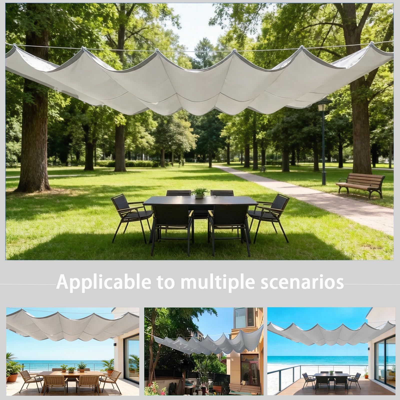 Einziehbare Welle Sonnensegel, Verstellbar Schattenabdeckung mit Ösen und Kordel, Sonnenschutz Wasserdicht Outdoor Pergola Markise für Balkon Terrasse Garten-Light Gray||200x400cm