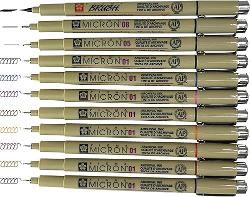 Sakura Pigma Micron Artist - 12 bolígrafos de tinta negra y colores, 8 colores surtidos con 4 colores negros (01, 05, 08, pincel)