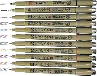 Sakura Pigma Micron Artist pens 12 Fineliner Archival Ink Black & Colors, 8 Assorted Colors with 4 Black (01, 05, 08, Brus...