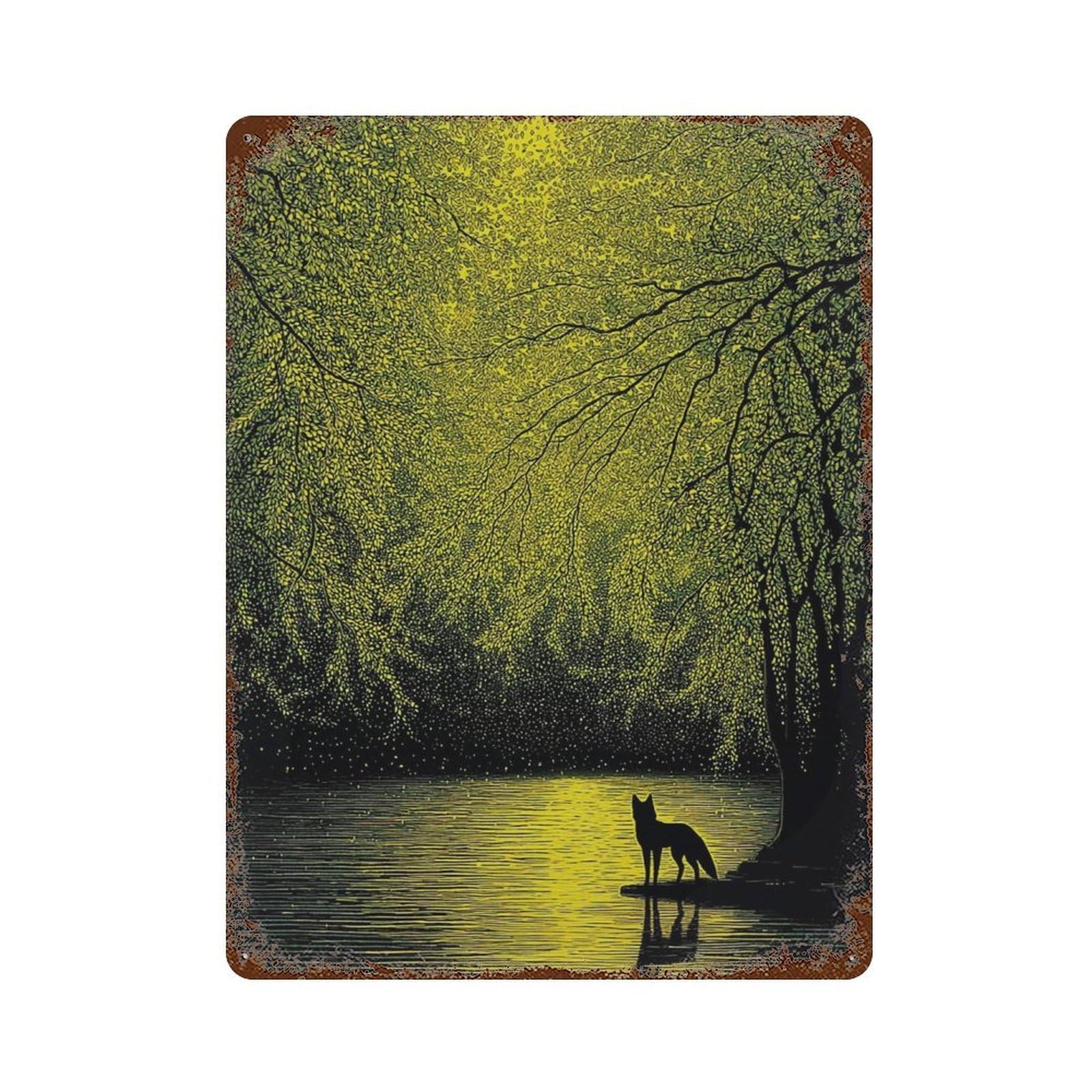 xiaoxiaoshen Moody Forest Fox Dark Green Woodland Nature Atmospheric Modern Storybook Wall Decor Art Metal Tin Poster Modern Home Decor Art Home Bar Shop Decorations Vintage Sign 40x30cm