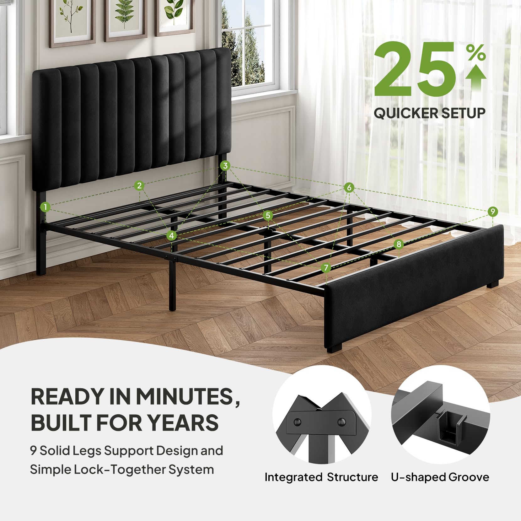 Welzona Queen Upholstered Bed Frame with Headboard, Velvet Upholstered Metal Platform Bed with Vertical Channel Tufted Headboard, 3-Level Height, Metal Slat Support, Noise-Free Easy Assembly, Black - 5