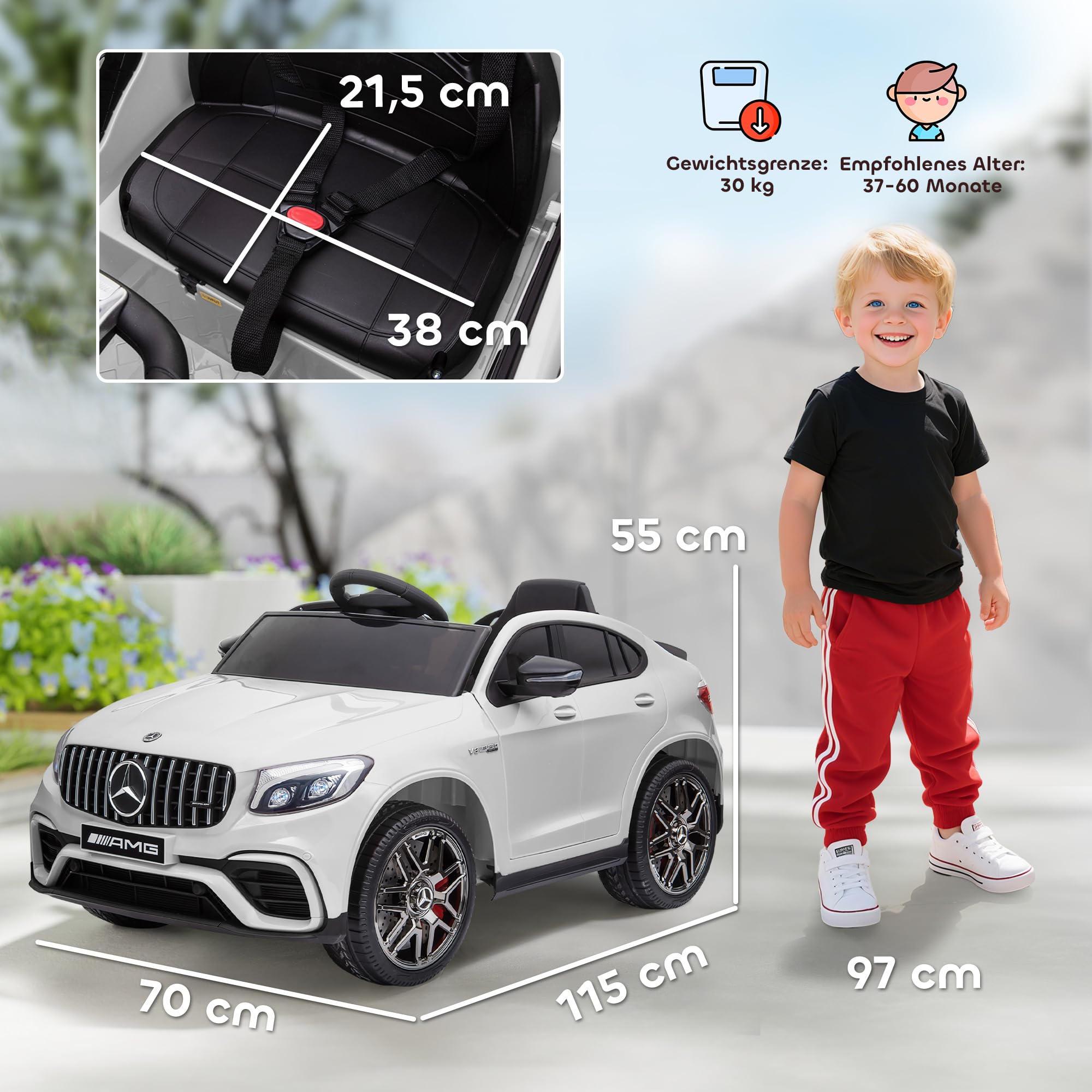 HOMCOM Kinderfahrzeug 12V Mercedes-Benz AMG GLC63S Coupe Weiß | Elektroauto mit Fernbedienung Sicherheitsgurt 2 x 35W Motoren MP3 37-60 Monate Schwarz 115 x 70 x 55 cm