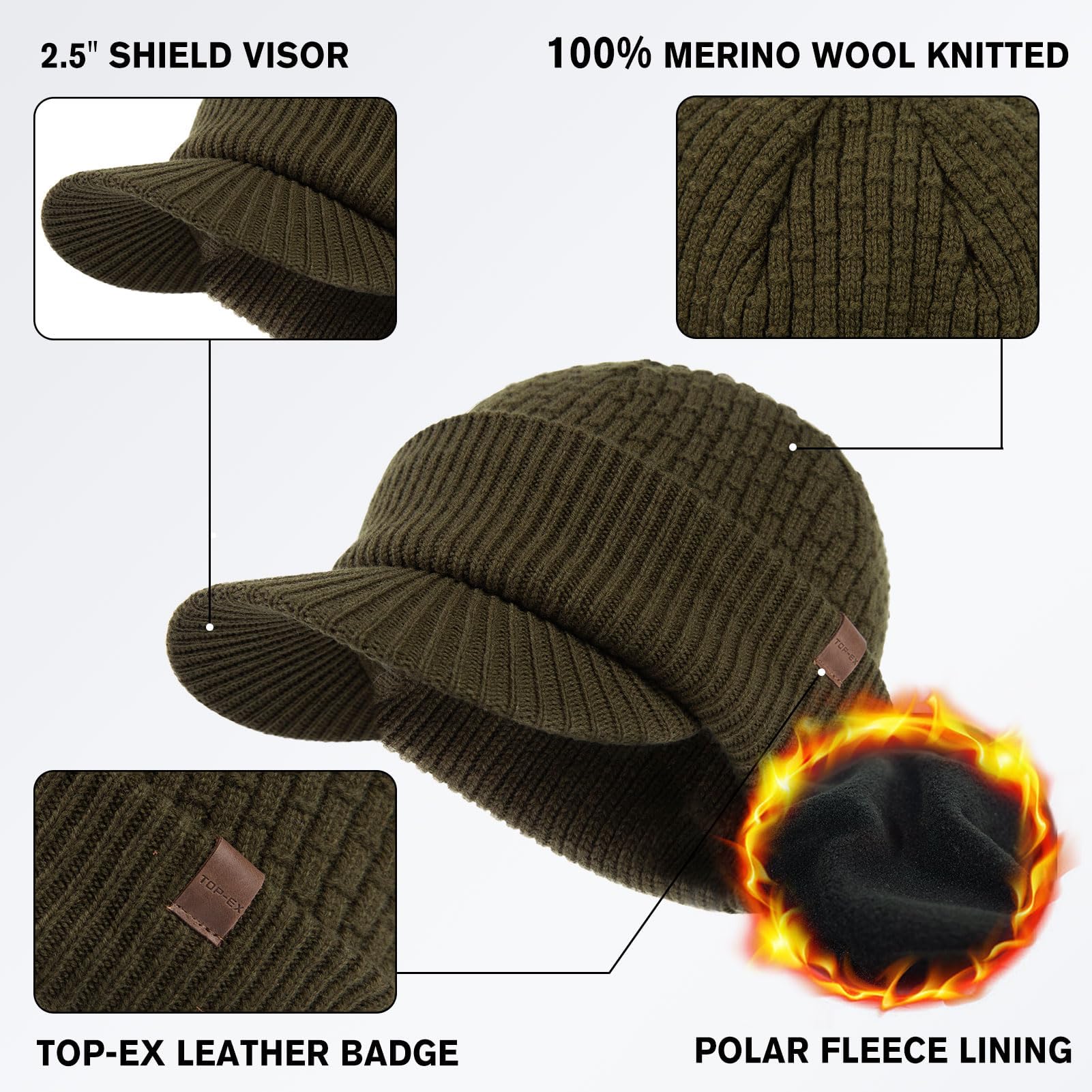 TOP-EX PolarWool - Berretto con visiera in 100% lana merino, unisex, con fodera in pile, con visiera termica invernale da golf, per la stagione fredda, M-XXL