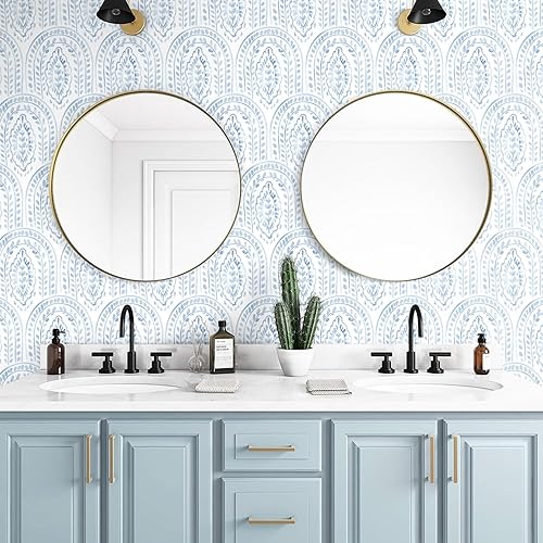 Miniatura 3 de Papel tapiz autoadhesivo moderno para despegar y pegar, papel de contacto bohemio, extraíble, color azul y blanco, autoadhesivo para baño,