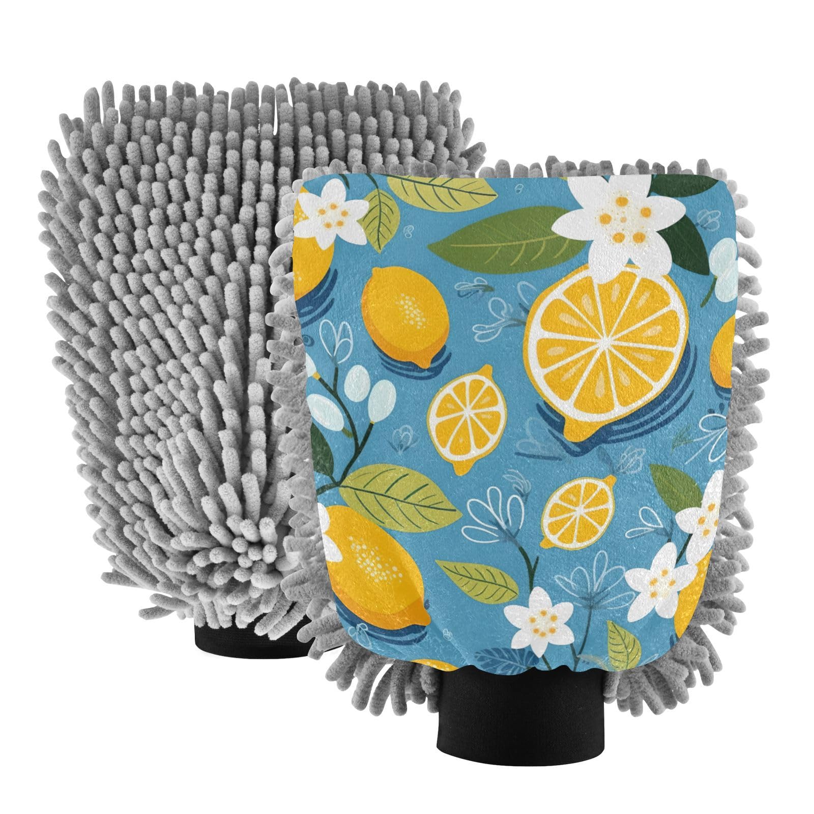 IOACIY Absorbent Microfiber Car Wash Drying Mitts, 2 Pack, Scratch-Free & Lint-Free, Rich Foam, Highly Absorbent, Double Sided, Wash Mitt Perfect for Car Washing, M, Cute Lemon (7)