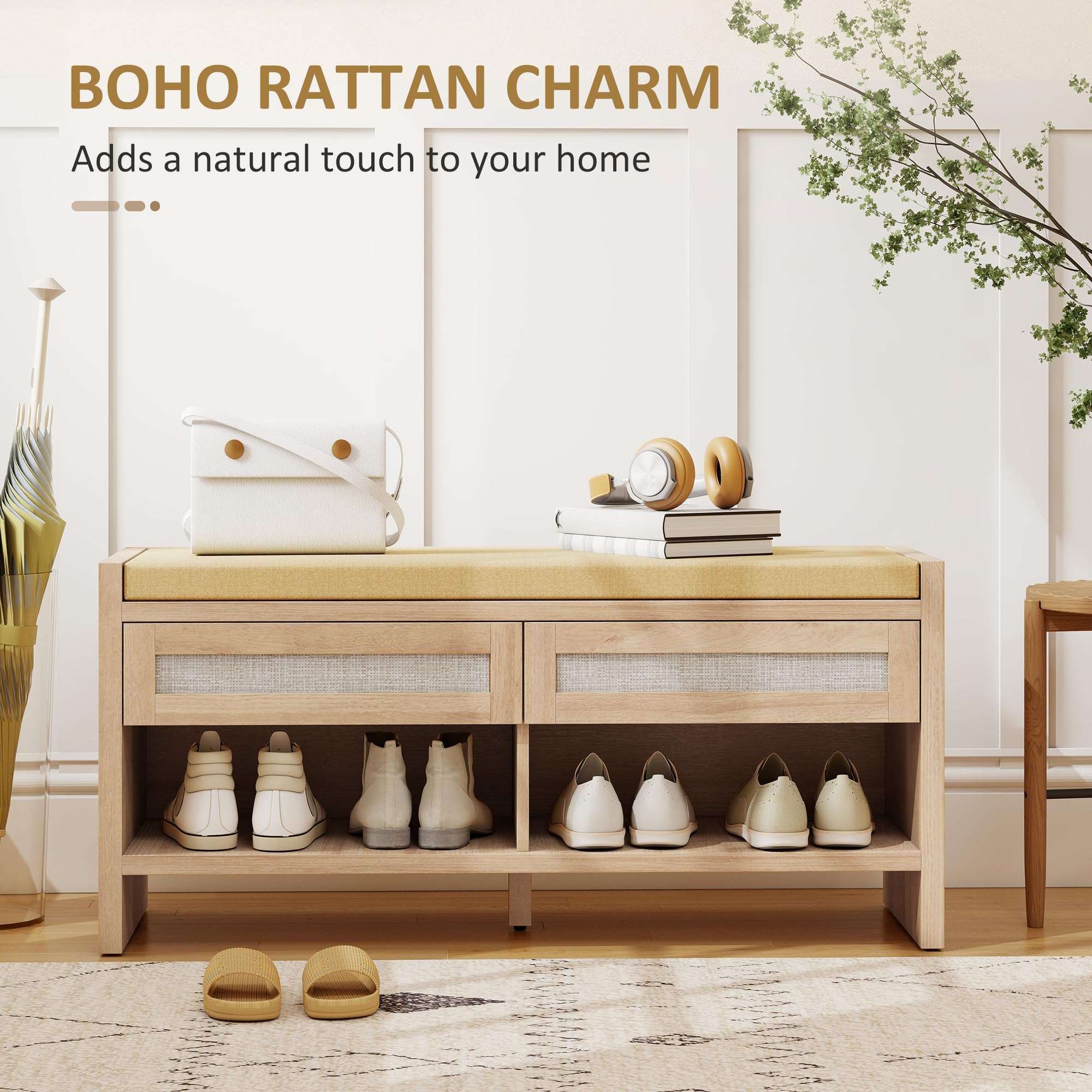 HOMCOM Banco Zapatos 2 cajones ratán 105x35x50cm Efecto Roble | Banco de almacenamiento boho, asiento acolchado aspecto lino, estante abierto, entrada, pasillo, sala de estar, dormitorio